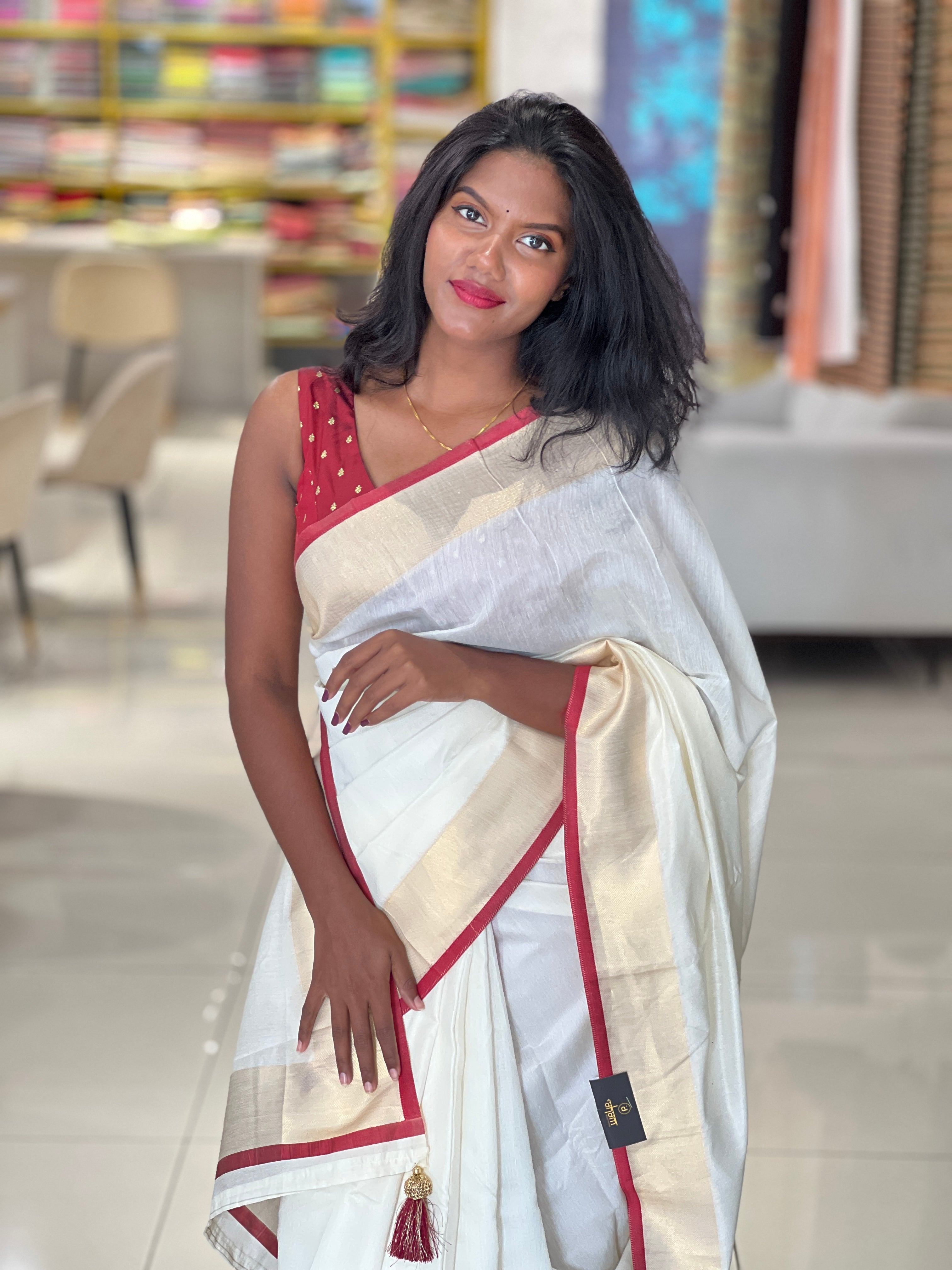 Kasavu With Maroon Kara Border Detailed Kerala Cotton Saree | HT256
