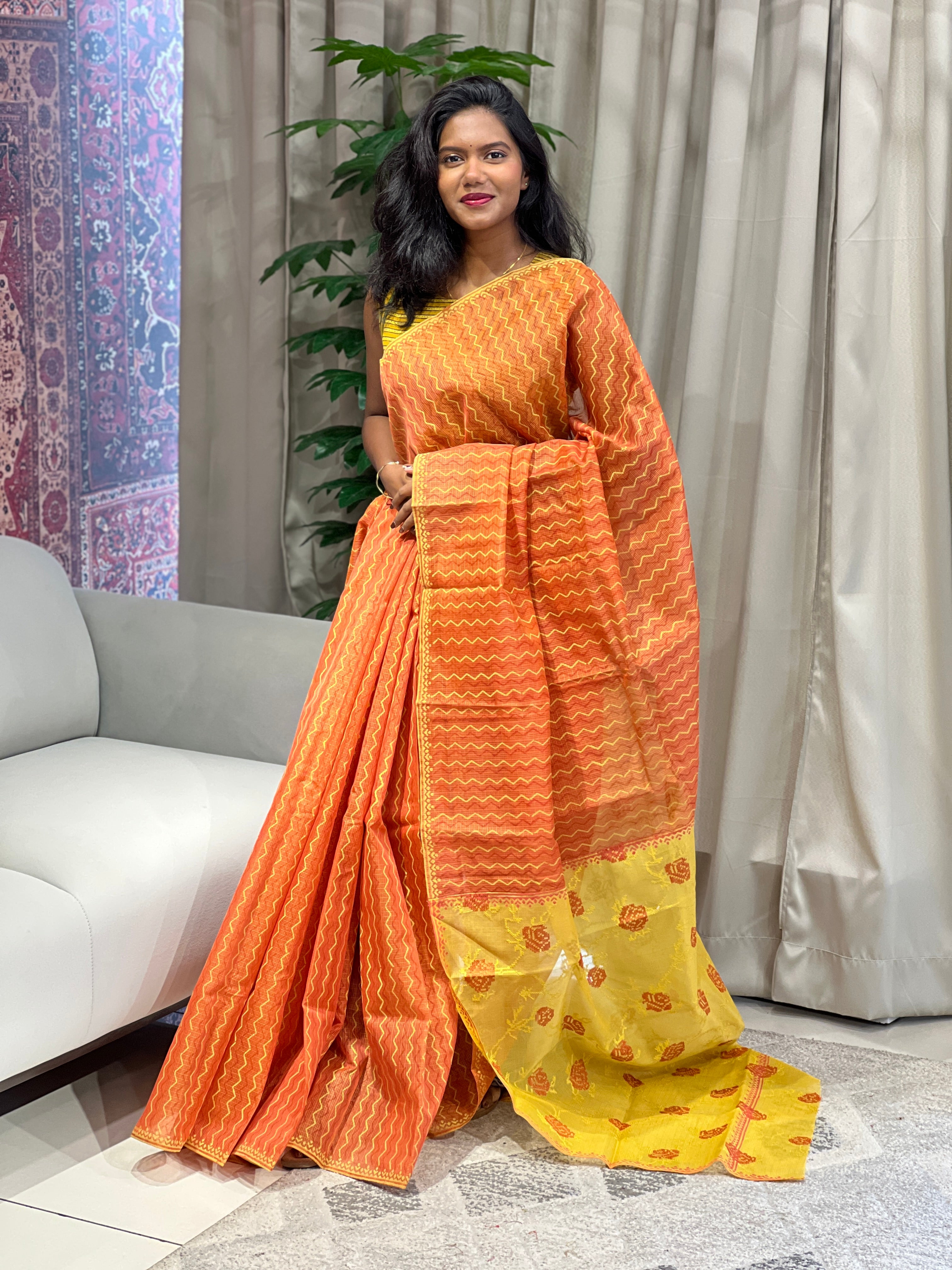 Block Print & Cross Stitch Embroidered Muga Check Organza Saree | JSC445