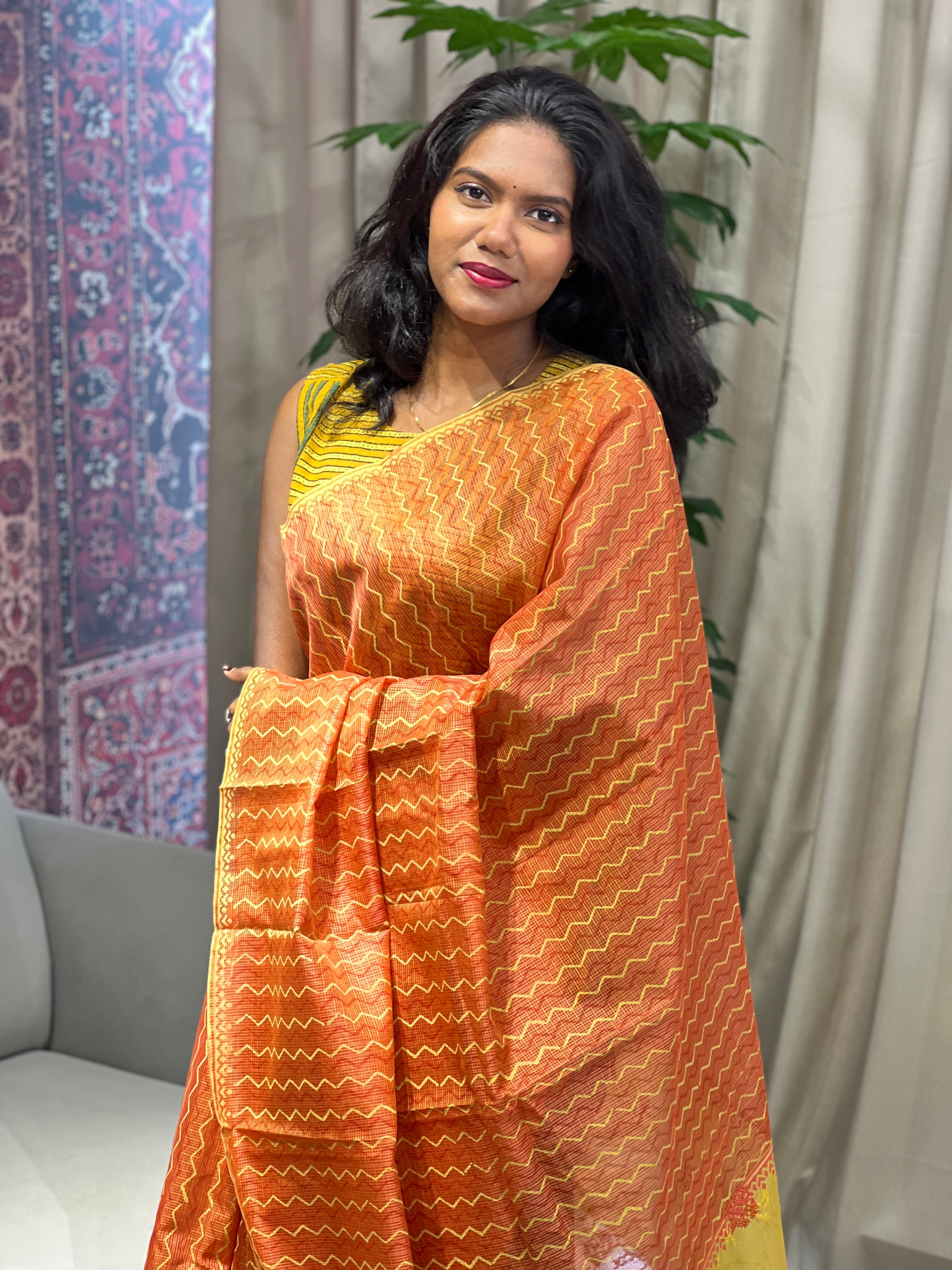 Block Print & Cross Stitch Embroidered Muga Check Organza Saree | JSC445