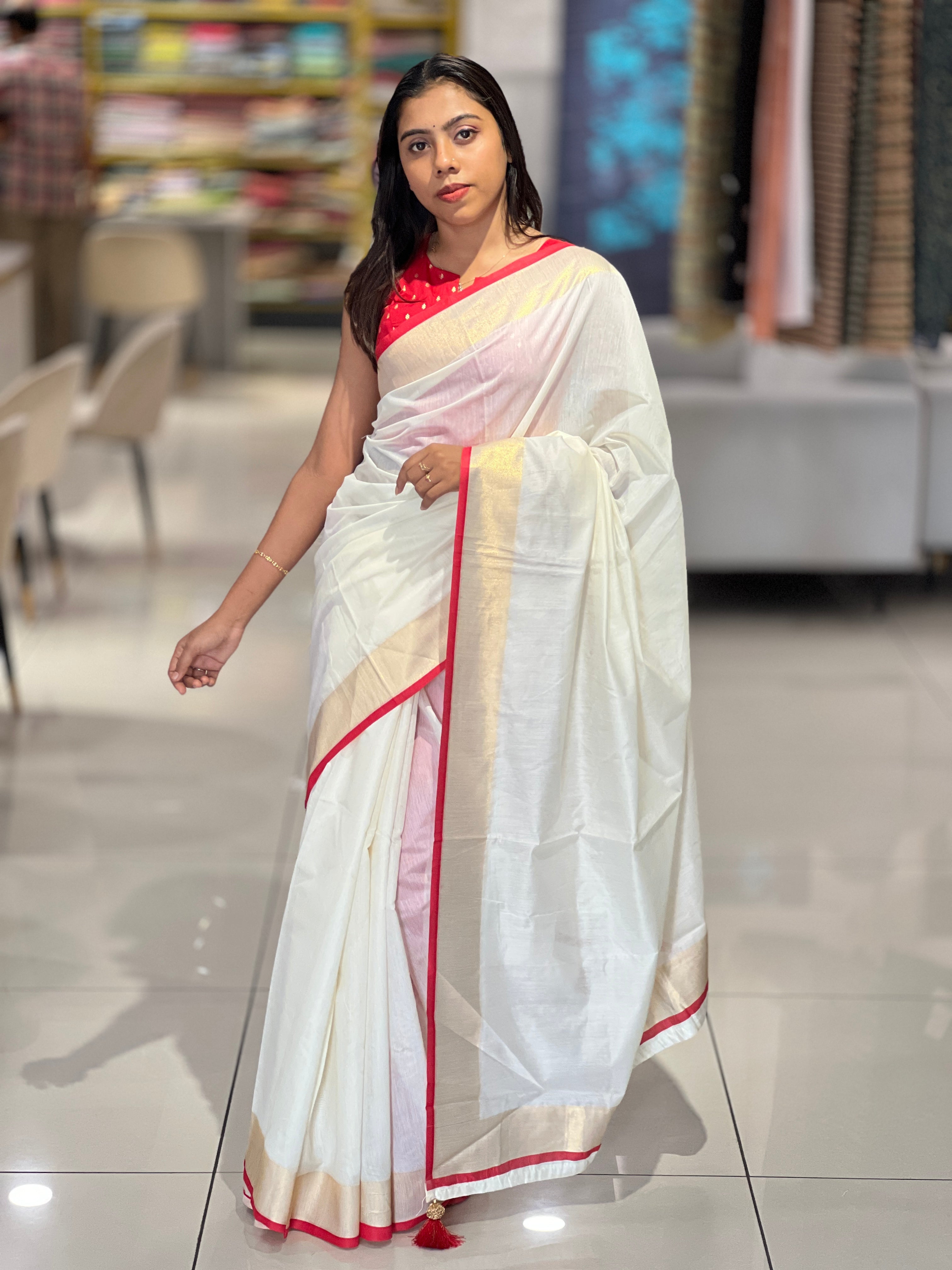 Kasavu With Red Kara Border Detailed Kerala Cotton Saree | HT255