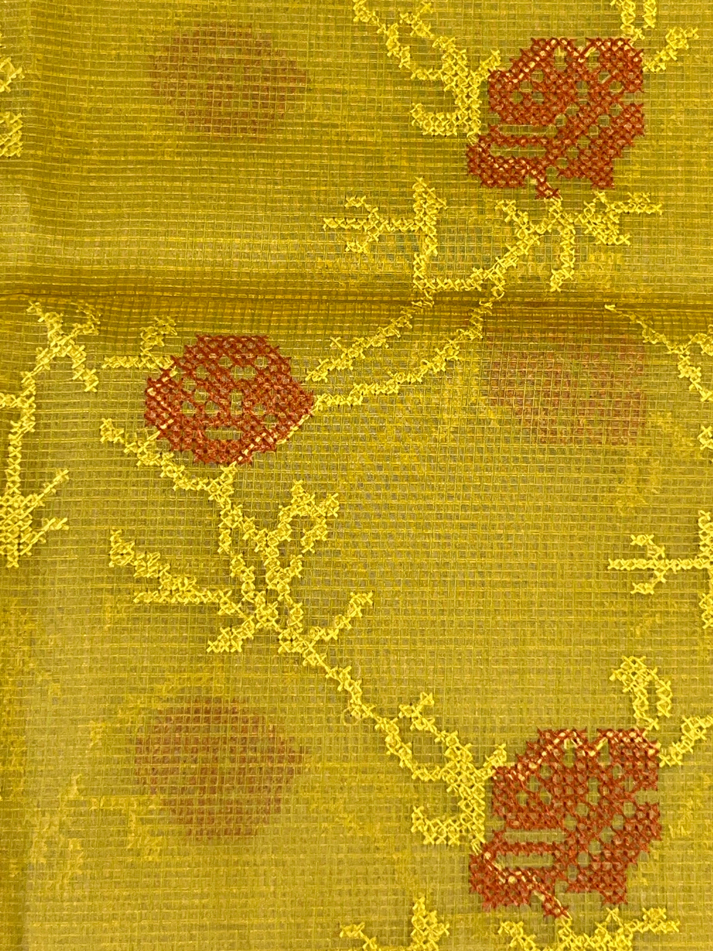 Block Print & Cross Stitch Embroidered Muga Check Organza Saree | JSC445