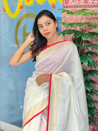 Kasavu With Red Kara Border Detailed Kerala Cotton Saree | HT255