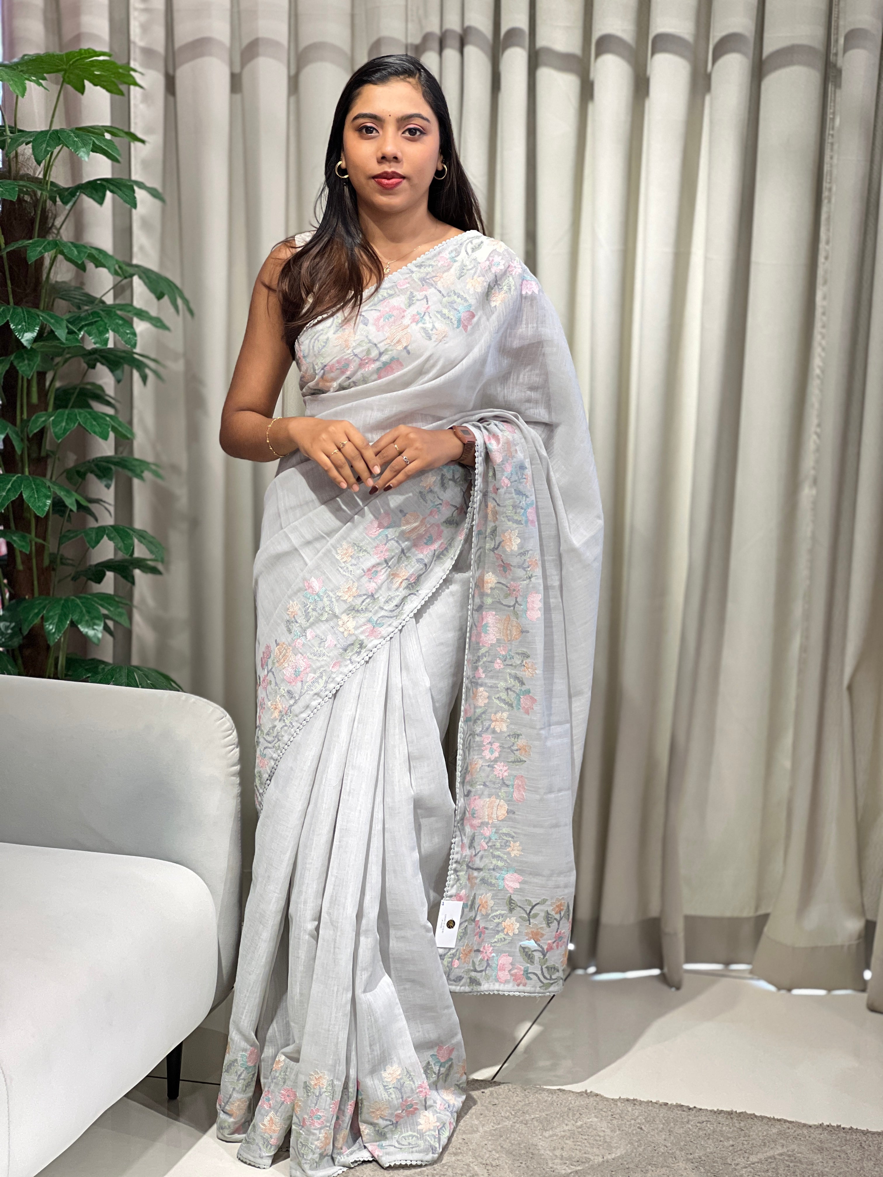 Floral Embroidery Detailed Linen Cotton Saree | BLD1500