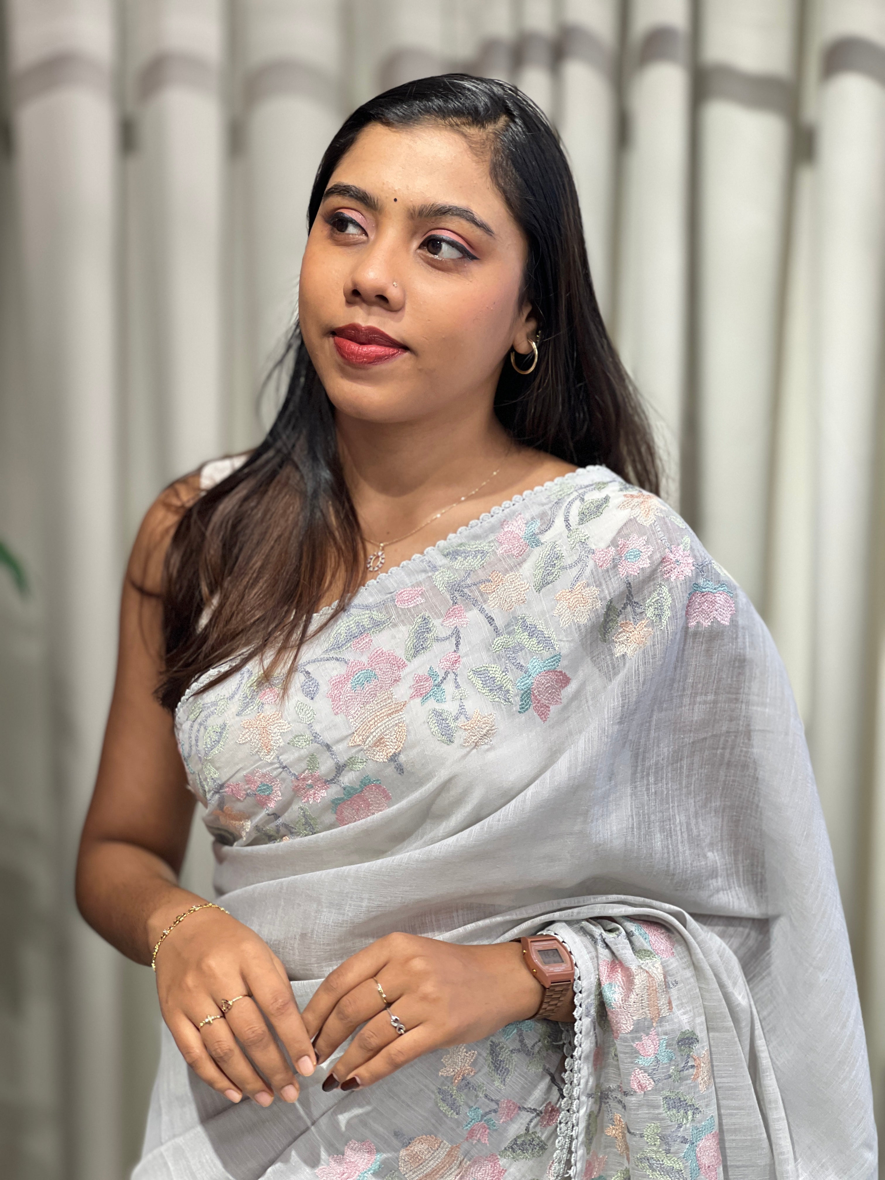 Floral Embroidery Detailed Linen Cotton Saree | BLD1500