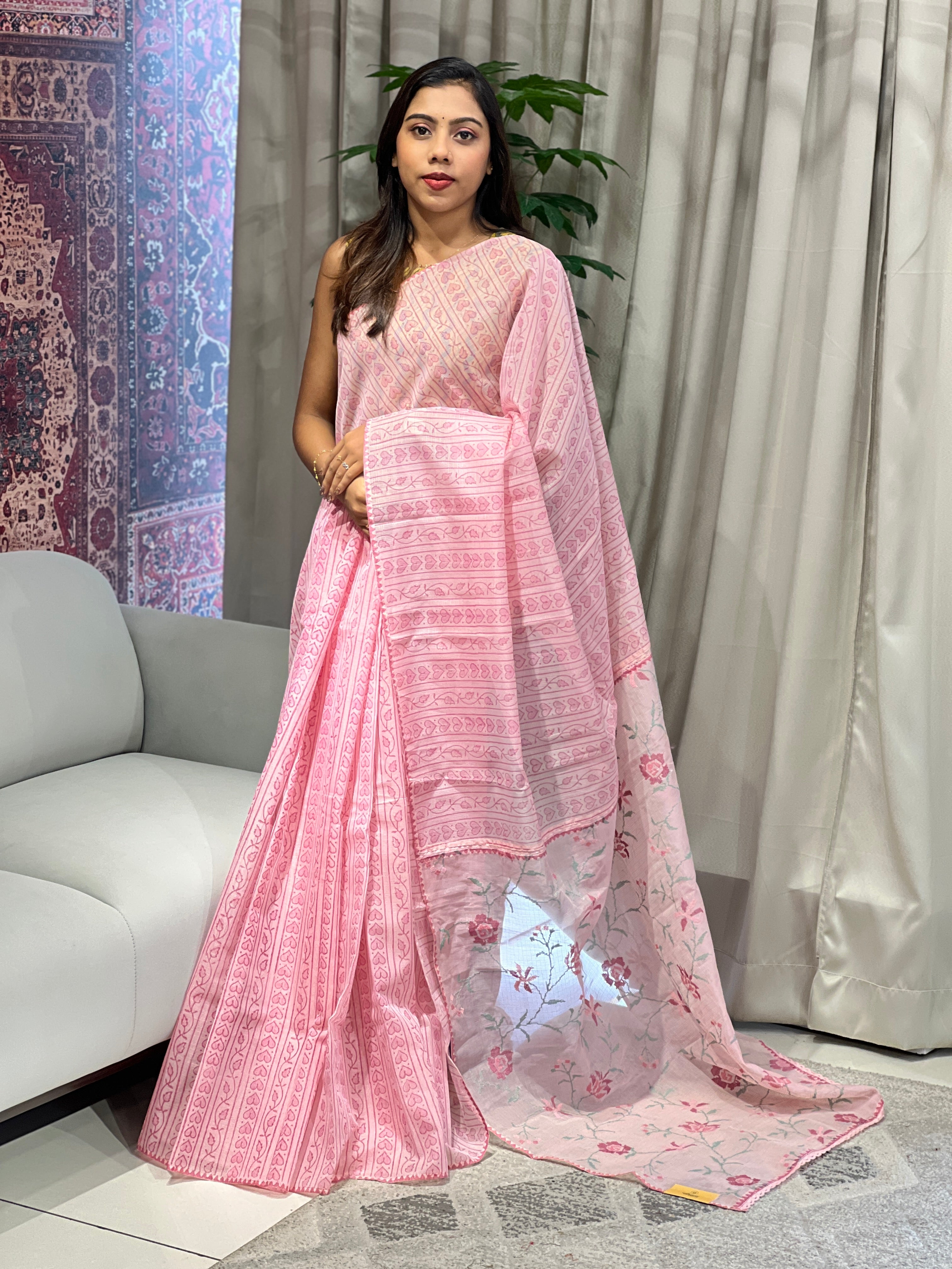 Block Print & Cross Stitch Embroidered Muga Check Organza Saree | JSC483