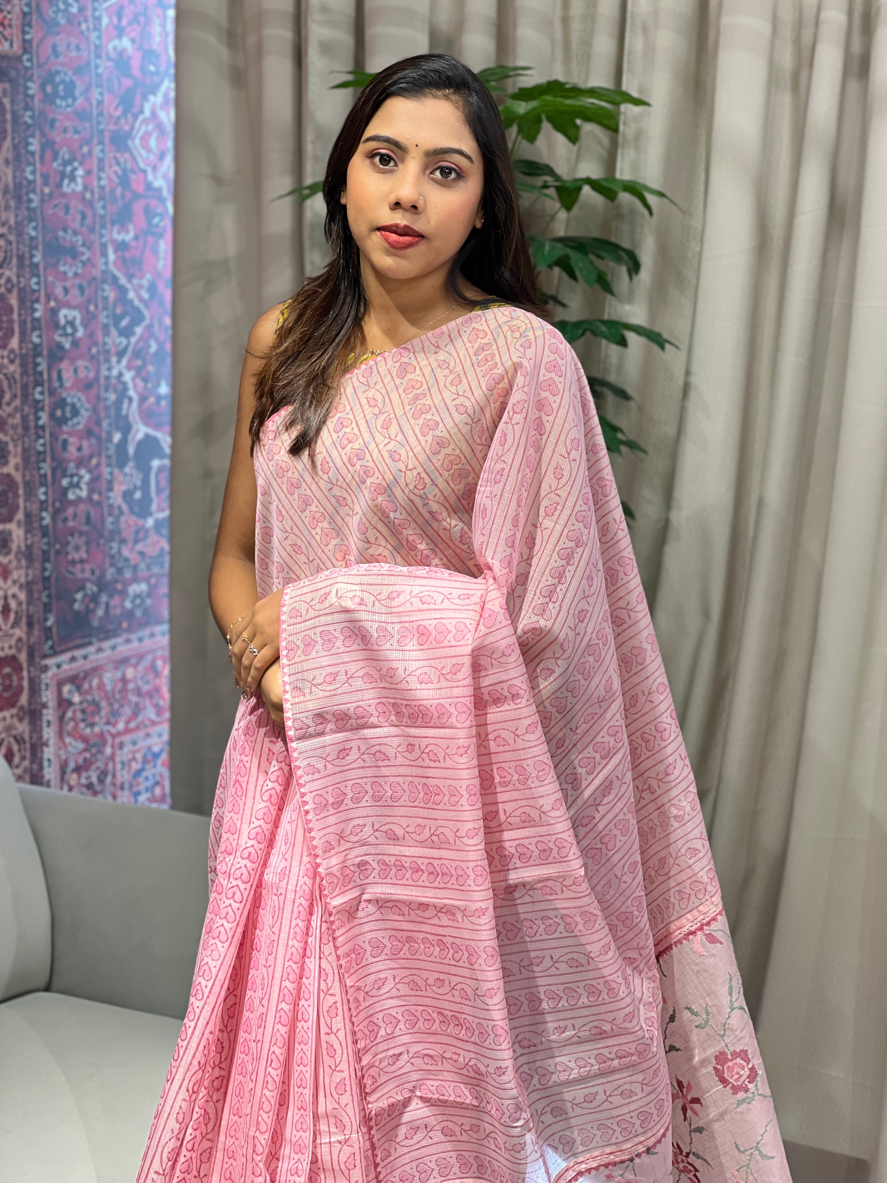 Block Print & Cross Stitch Embroidered Muga Check Organza Saree | JSC483