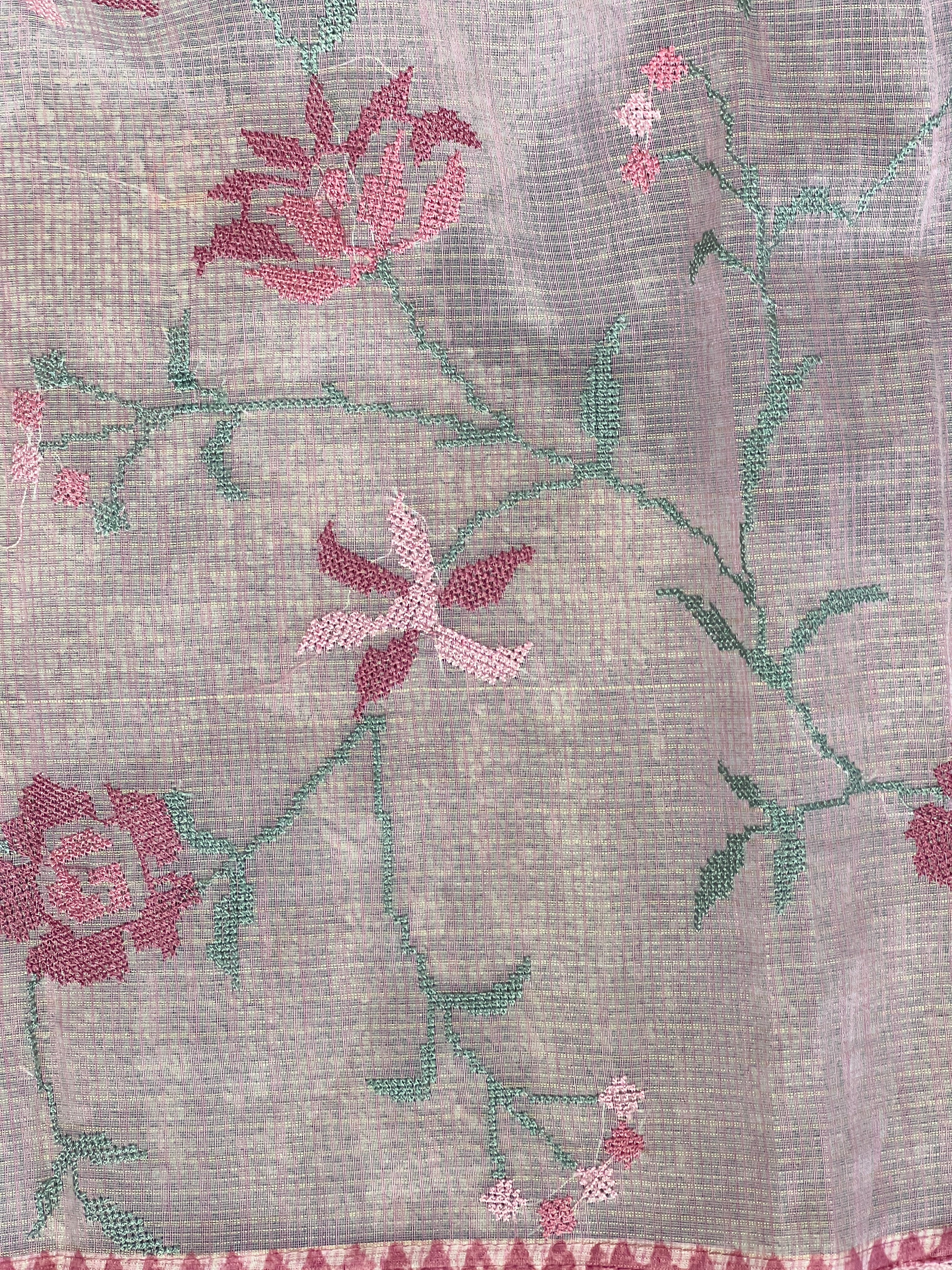 Block Print & Cross Stitch Embroidered Muga Check Organza Saree | JSC483