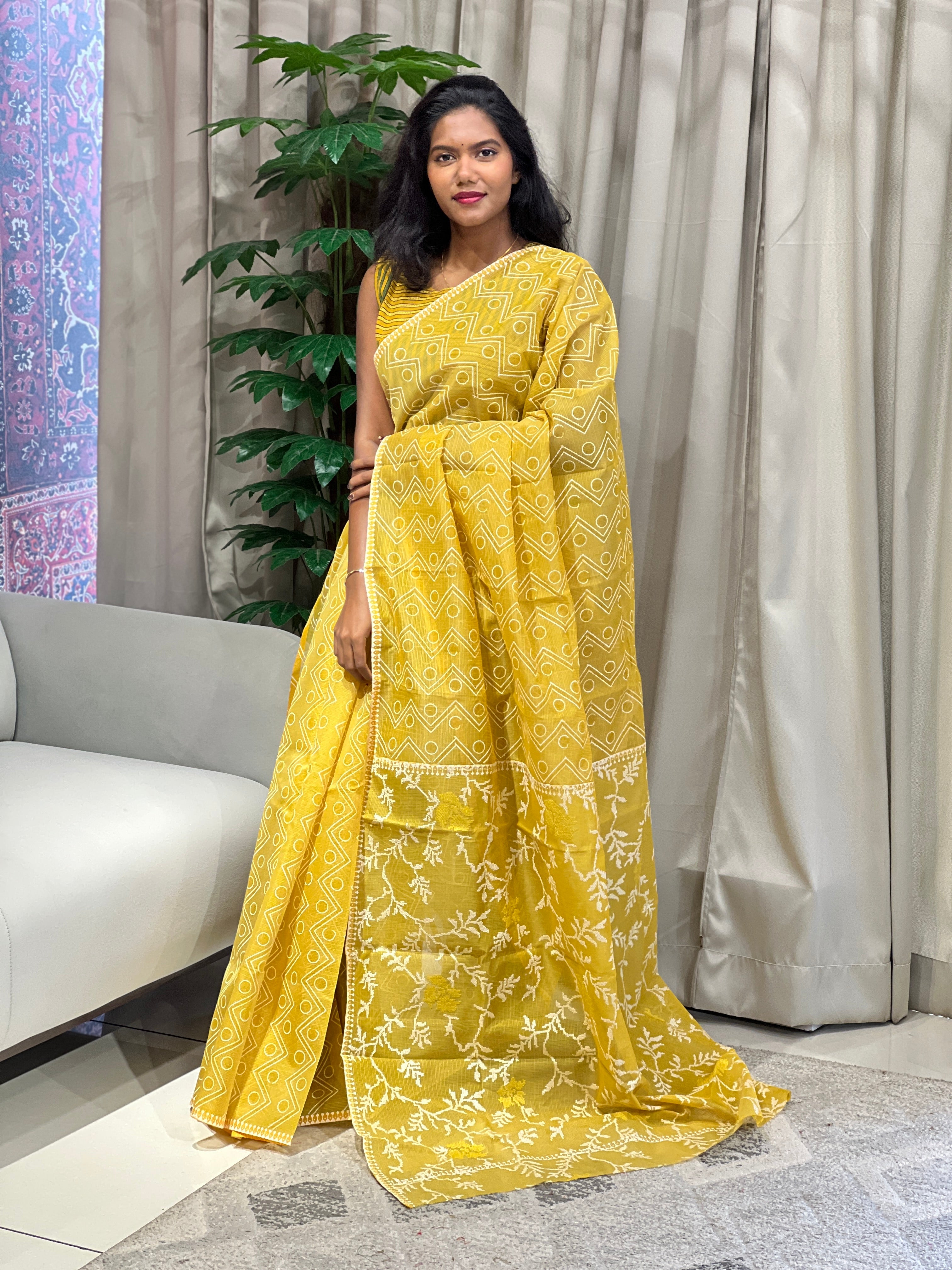 Block Print & Cross Stitch Embroidered Muga Check Organza Saree | JSC446