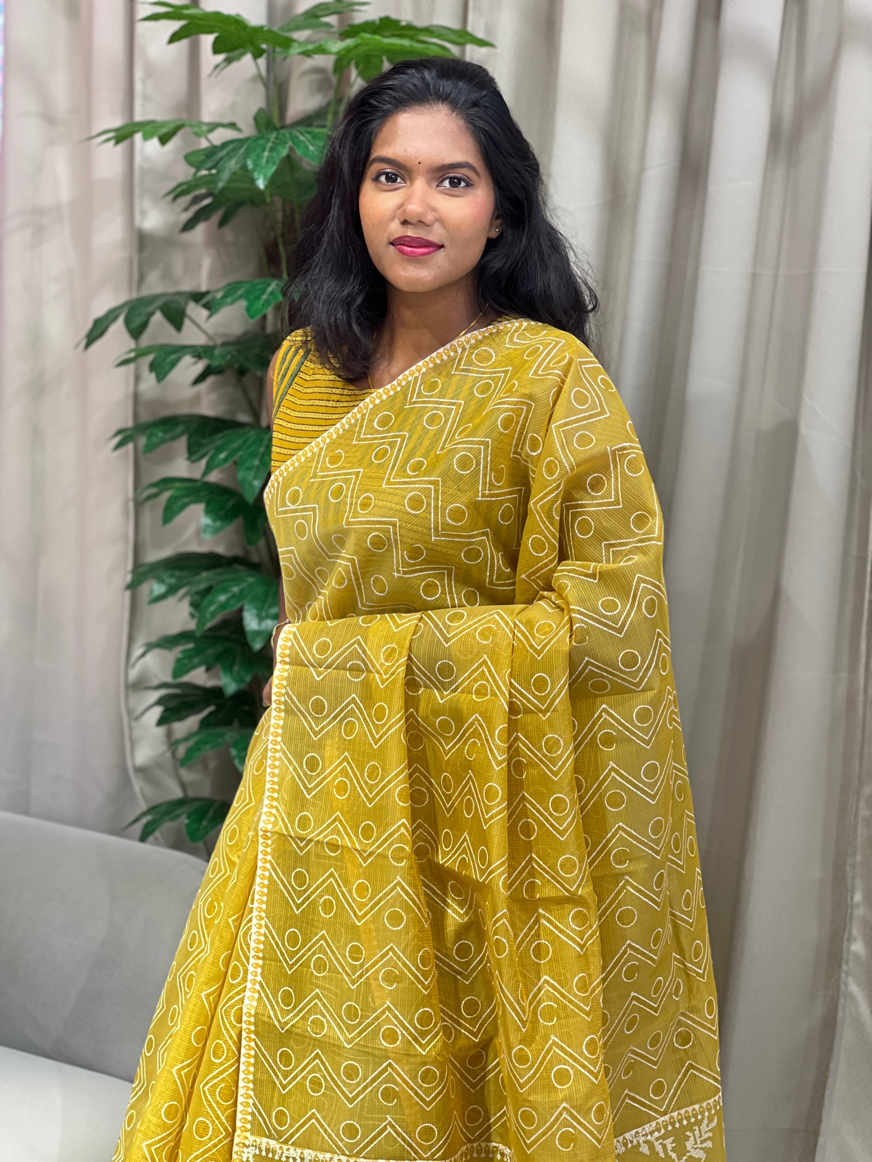 Block Print & Cross Stitch Embroidered Muga Check Organza Saree | JSC446