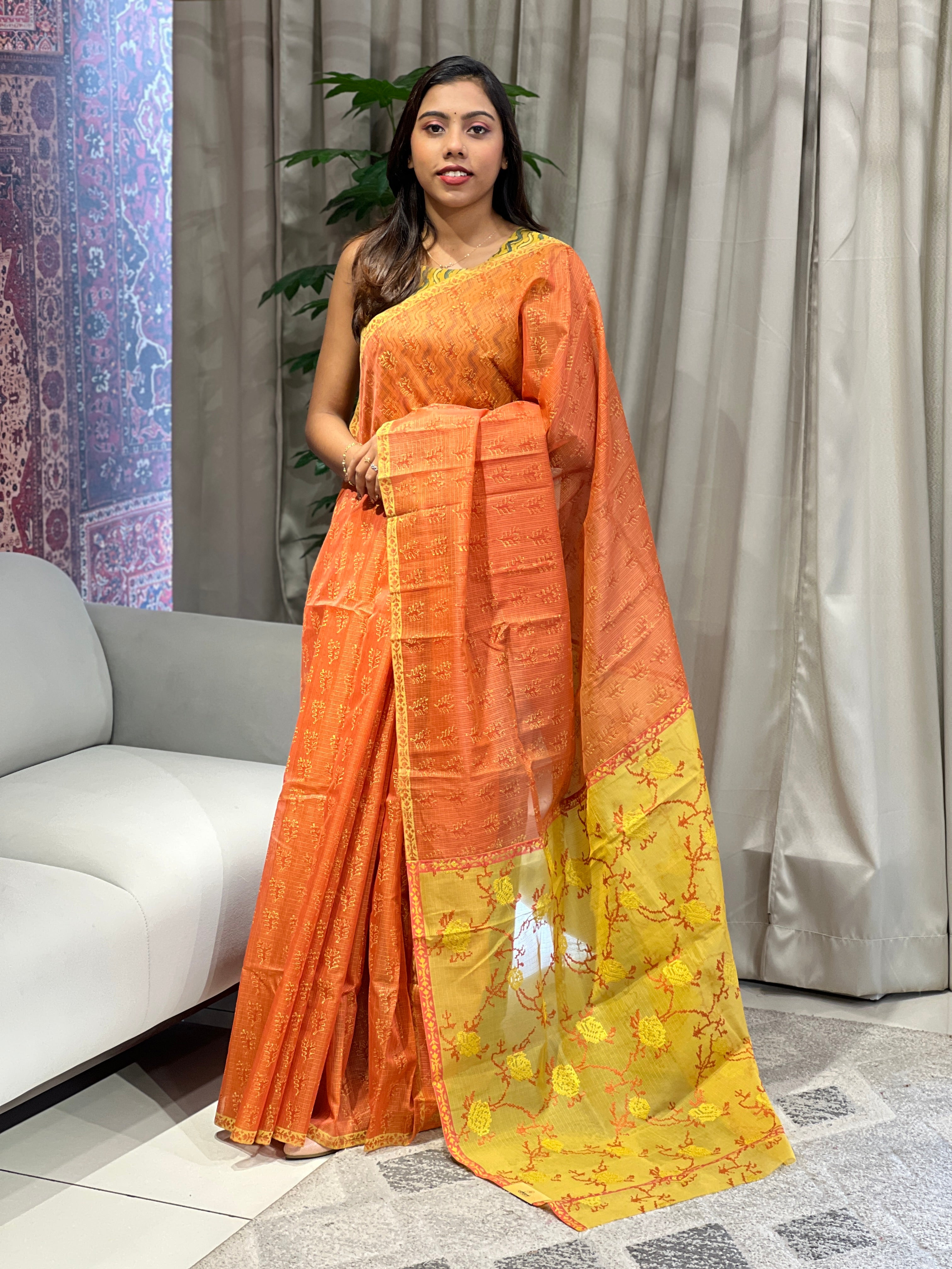 Block Print & Cross Stitch Embroidered Muga Check Organza Saree | JSC484