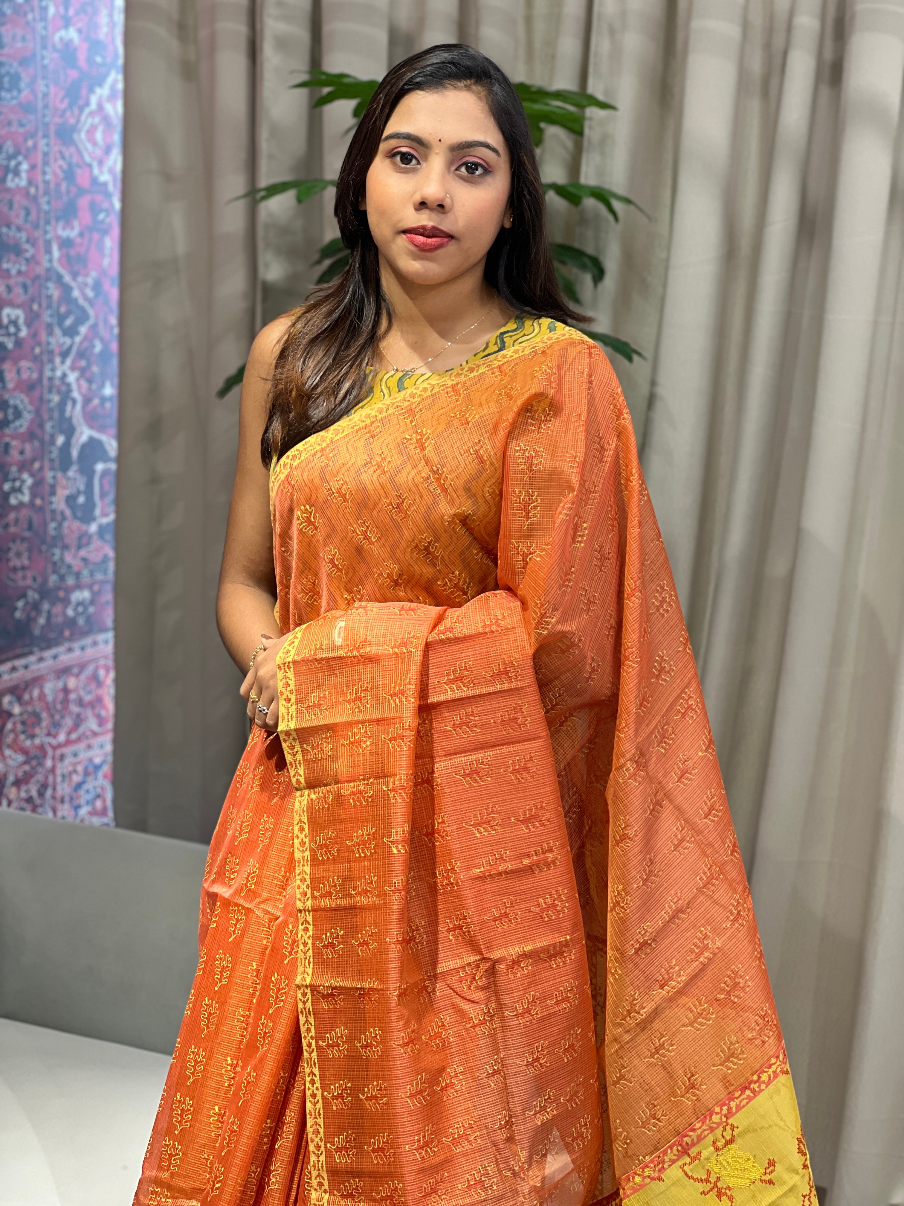 Block Print & Cross Stitch Embroidered Muga Check Organza Saree | JSC484