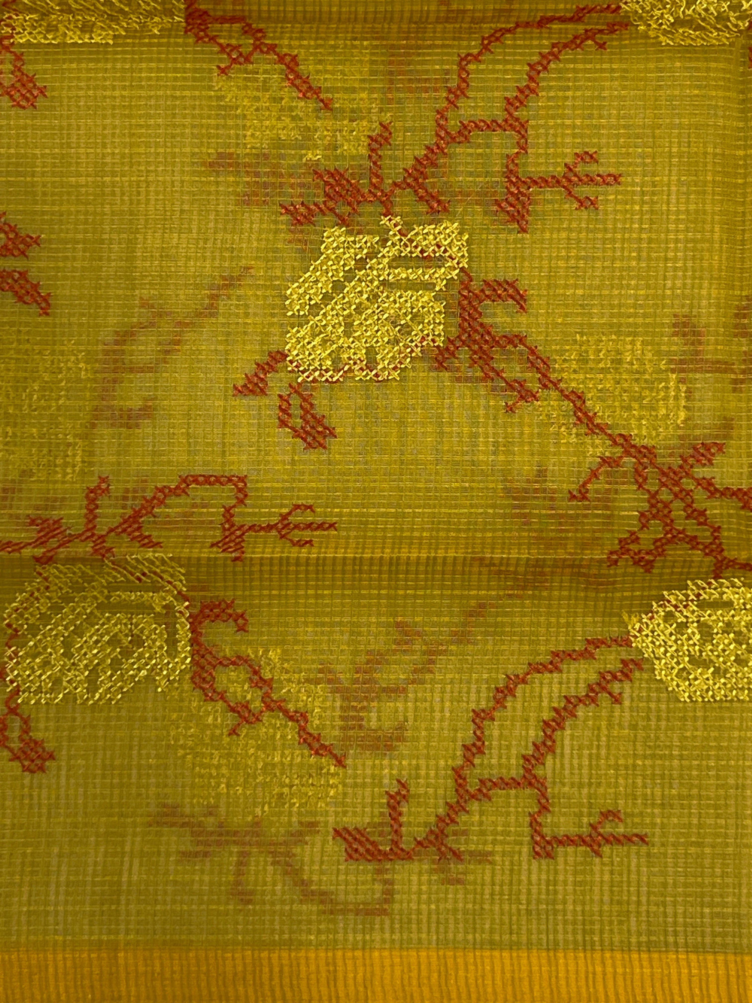 Block Print & Cross Stitch Embroidered Muga Check Organza Saree | JSC484