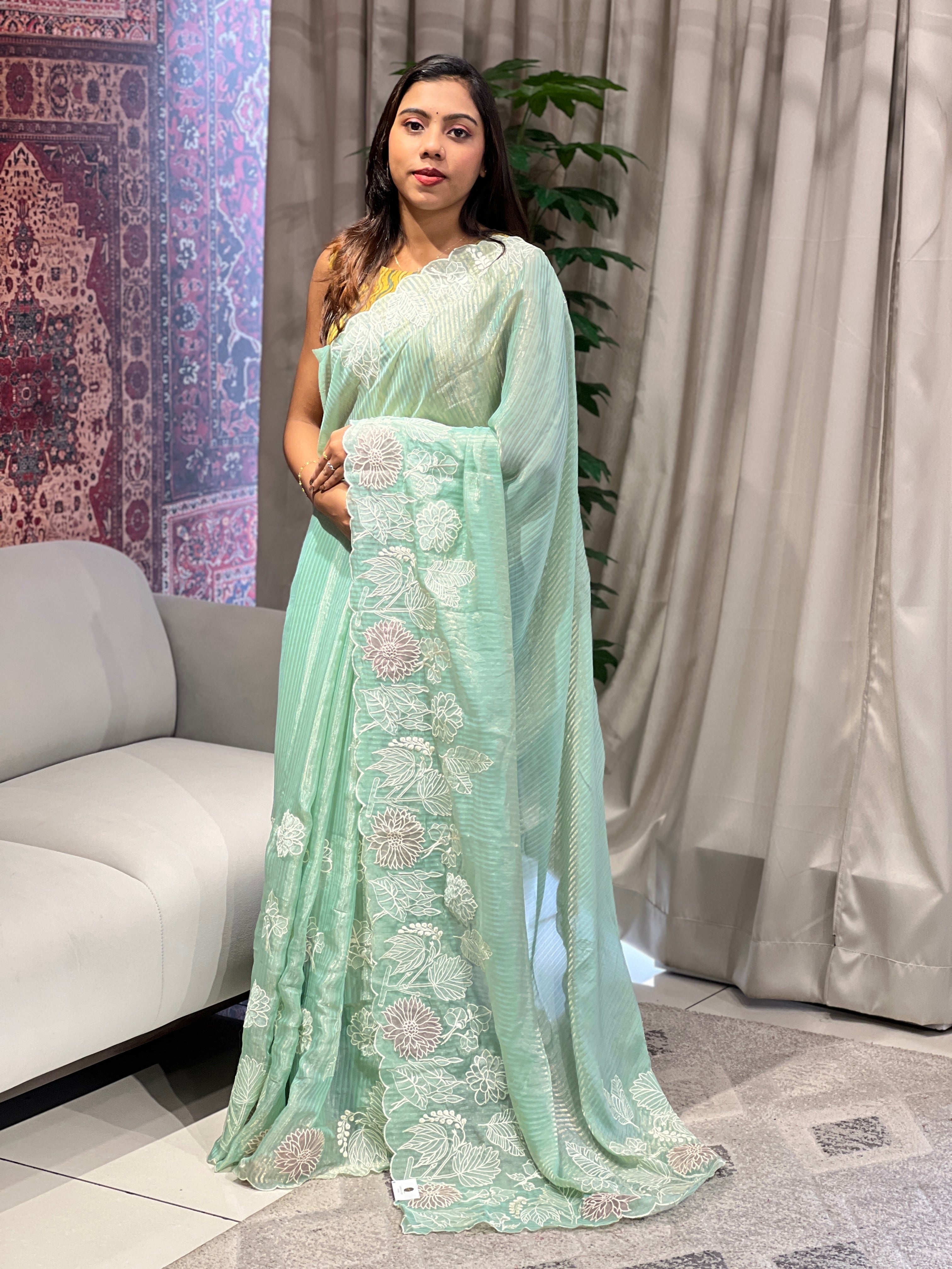 Applique Work Detailed Crushed Tissue Organza Saree | BLD1906