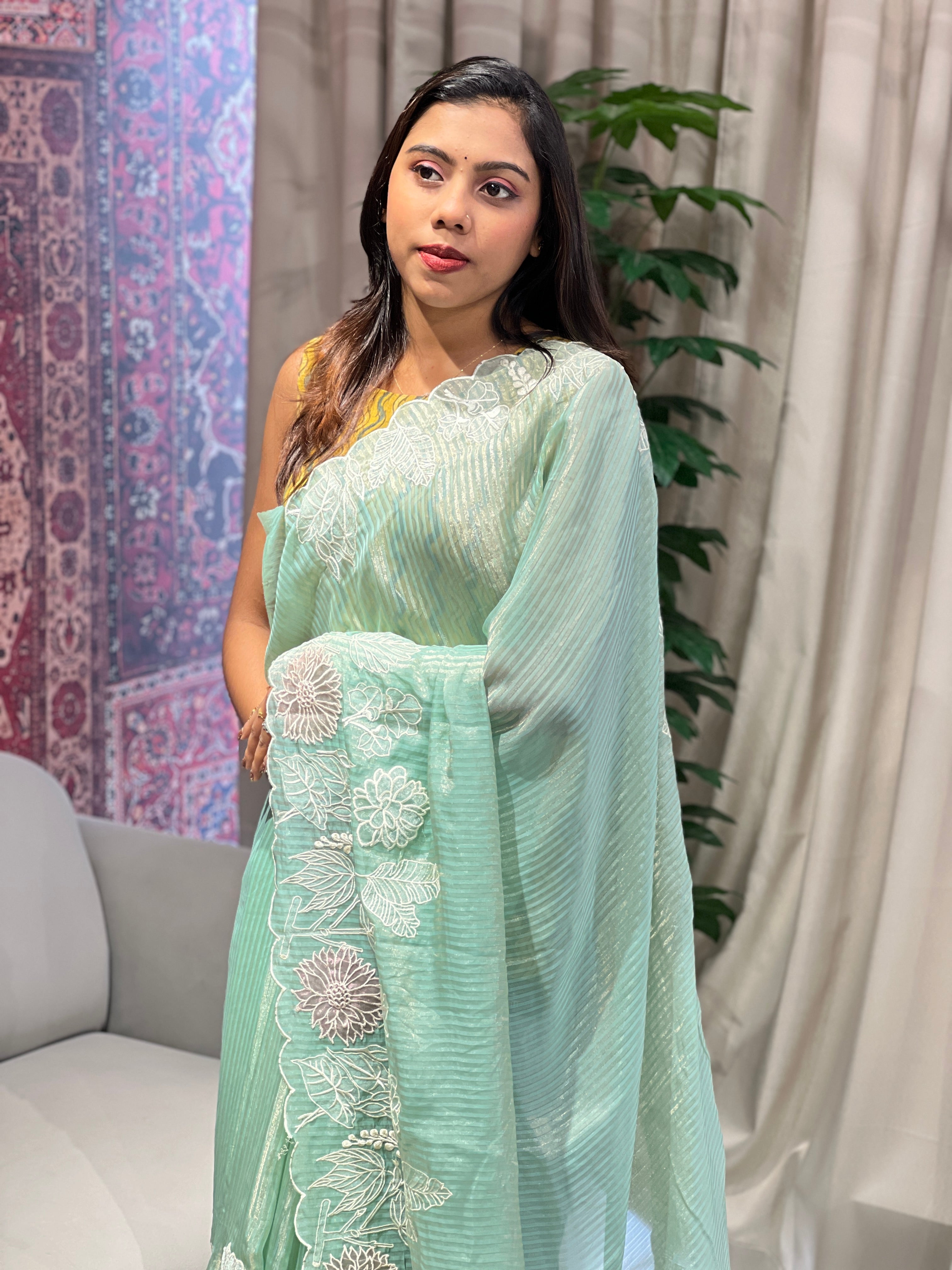 Applique Work Detailed Crushed Tissue Organza Saree | BLD1906