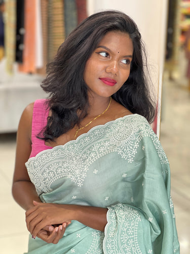 Embroidery Detailed Semi Tussar Saree | SUN557