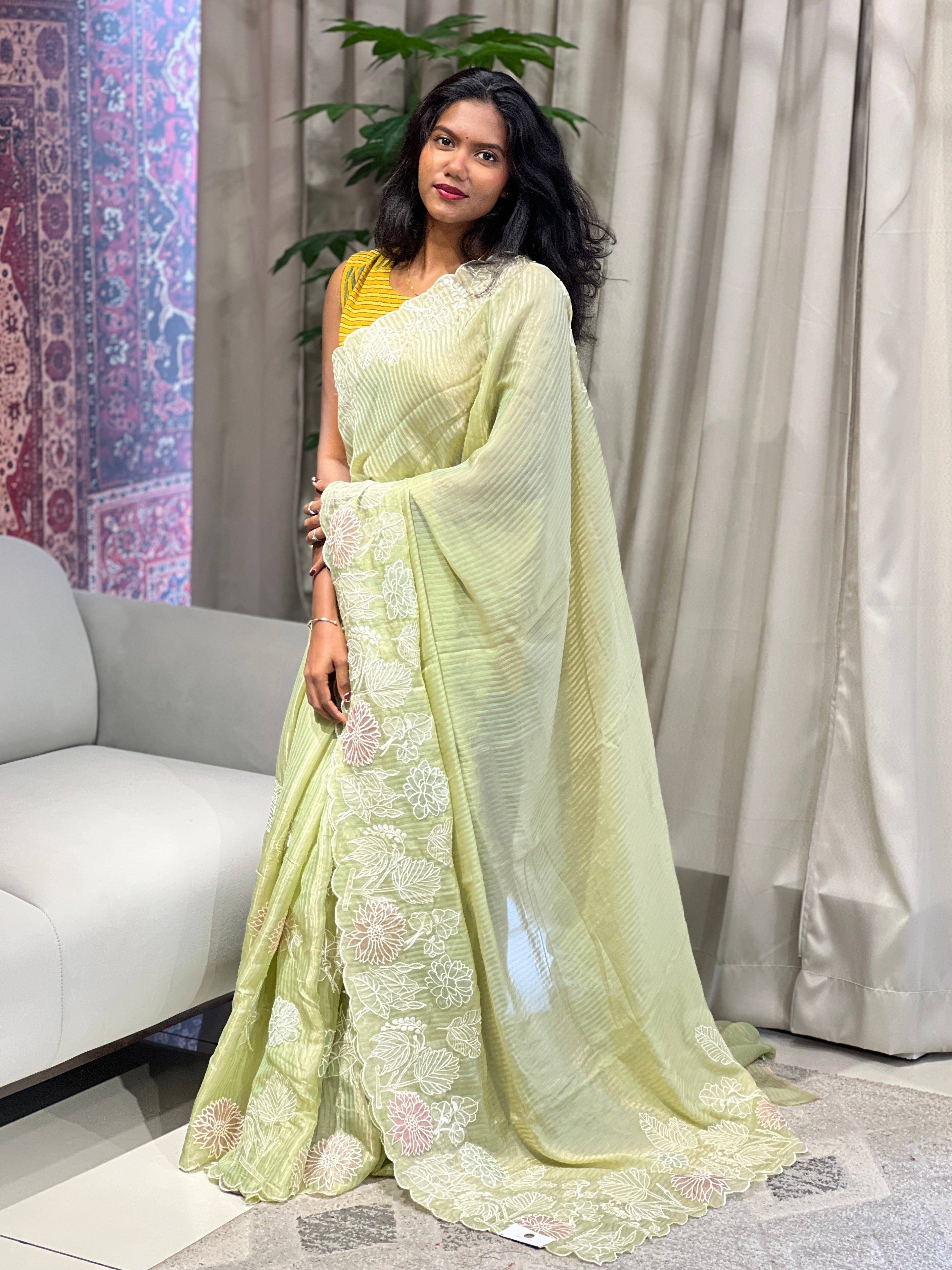 Applique Work Detailed Crushed Tissue Organza Saree | BLD1904