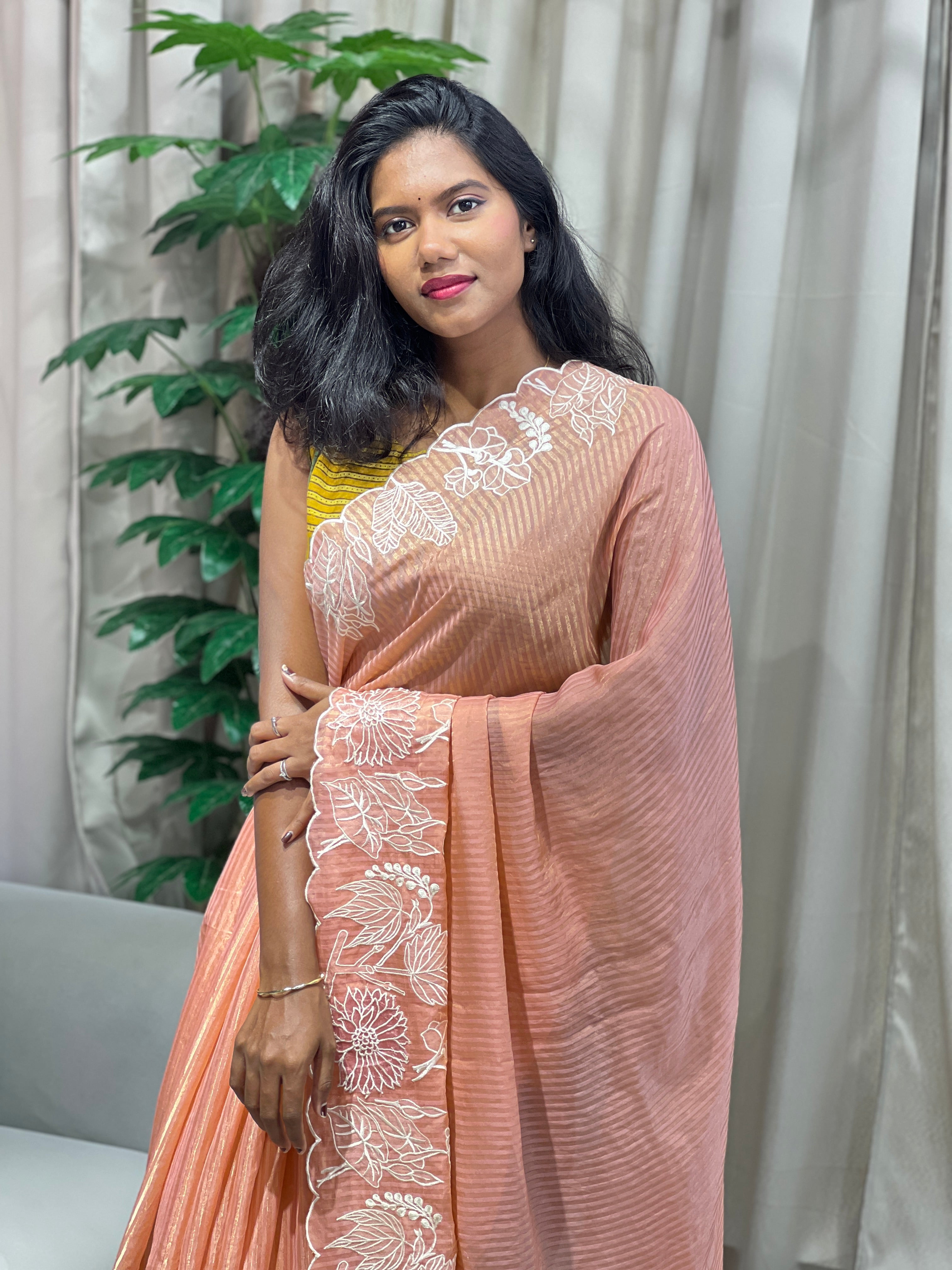 Applique Work Detailed Crushed Tissue Organza Saree | BLD1905