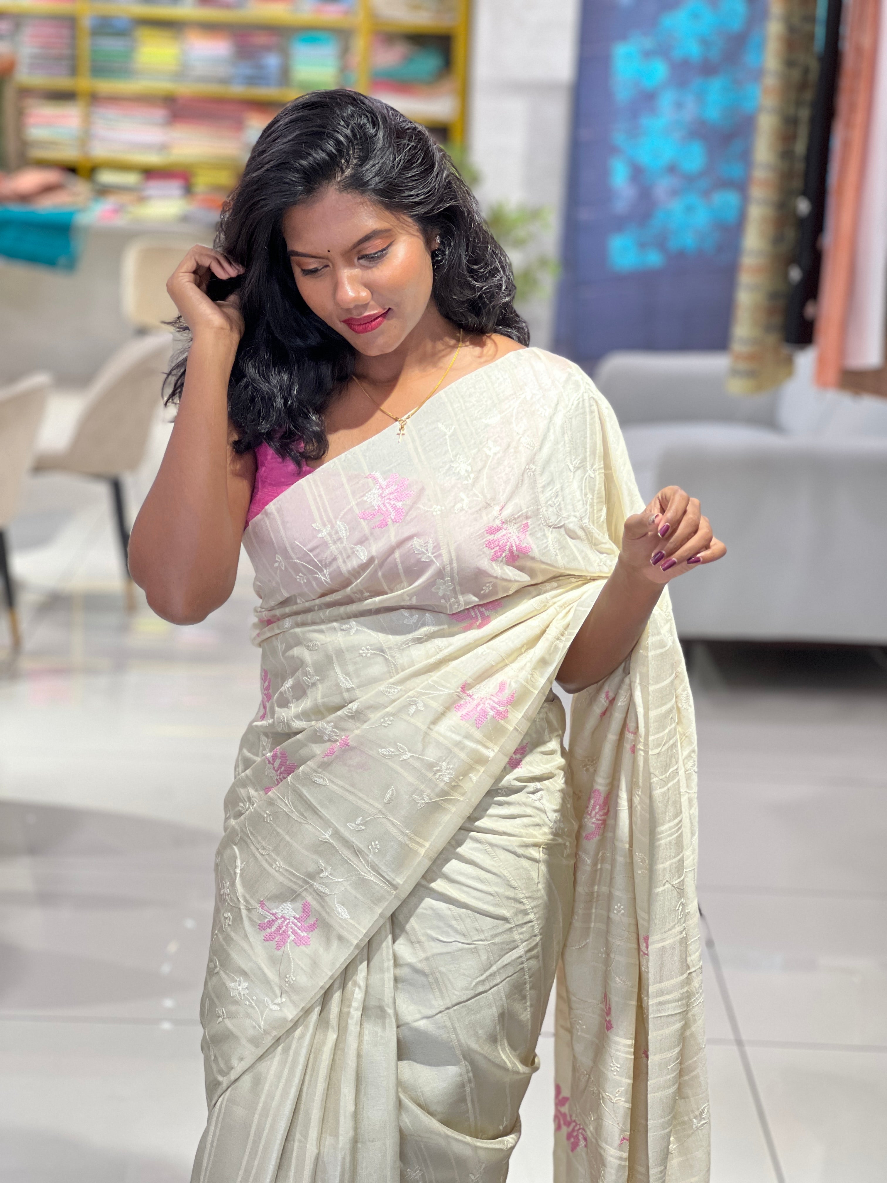 Machine Embroidered Semi Tussar Saree | PNS261