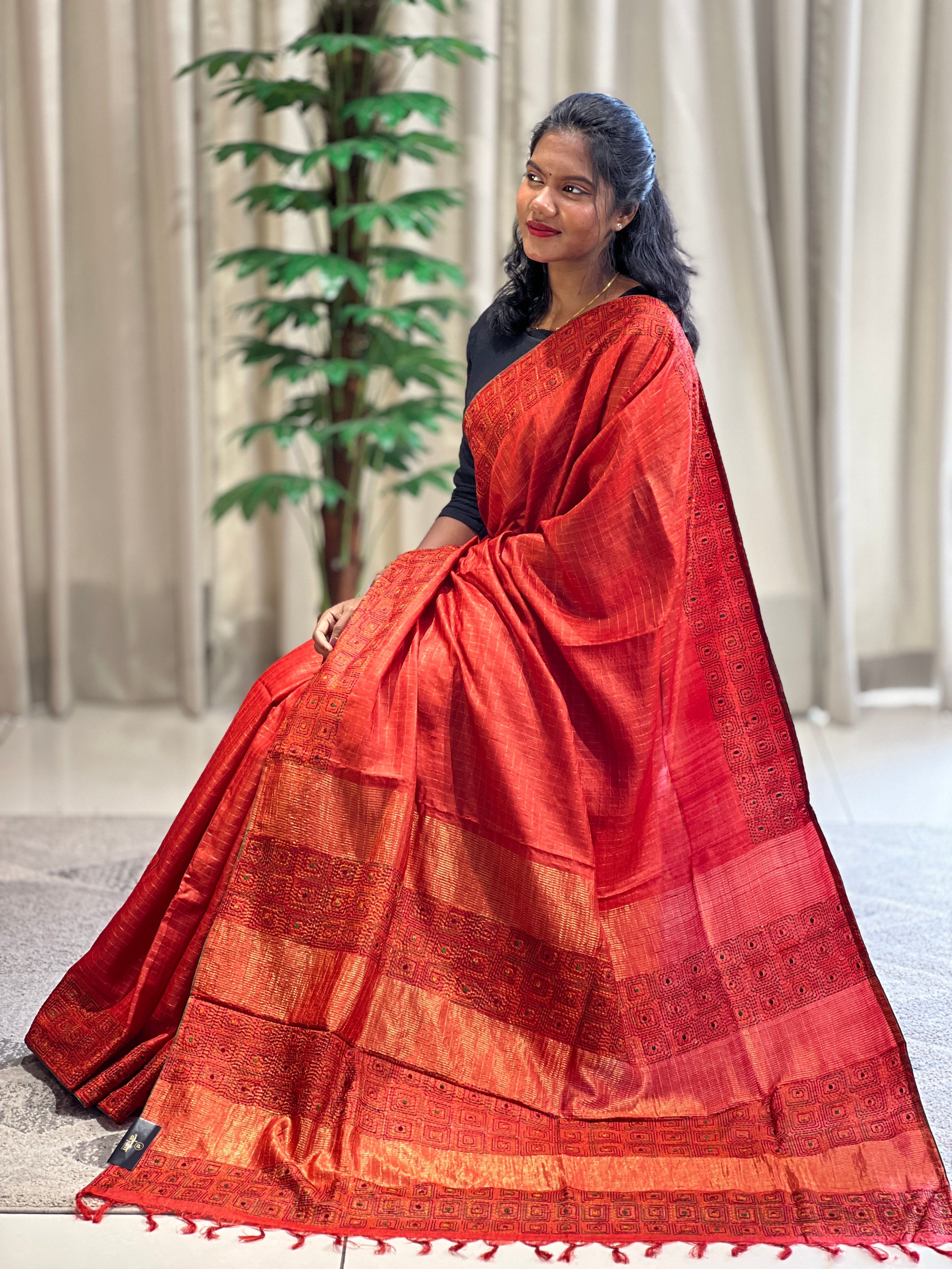 Zari Check Pattern With Embroidery Detailed Tussar Saree | RGD723