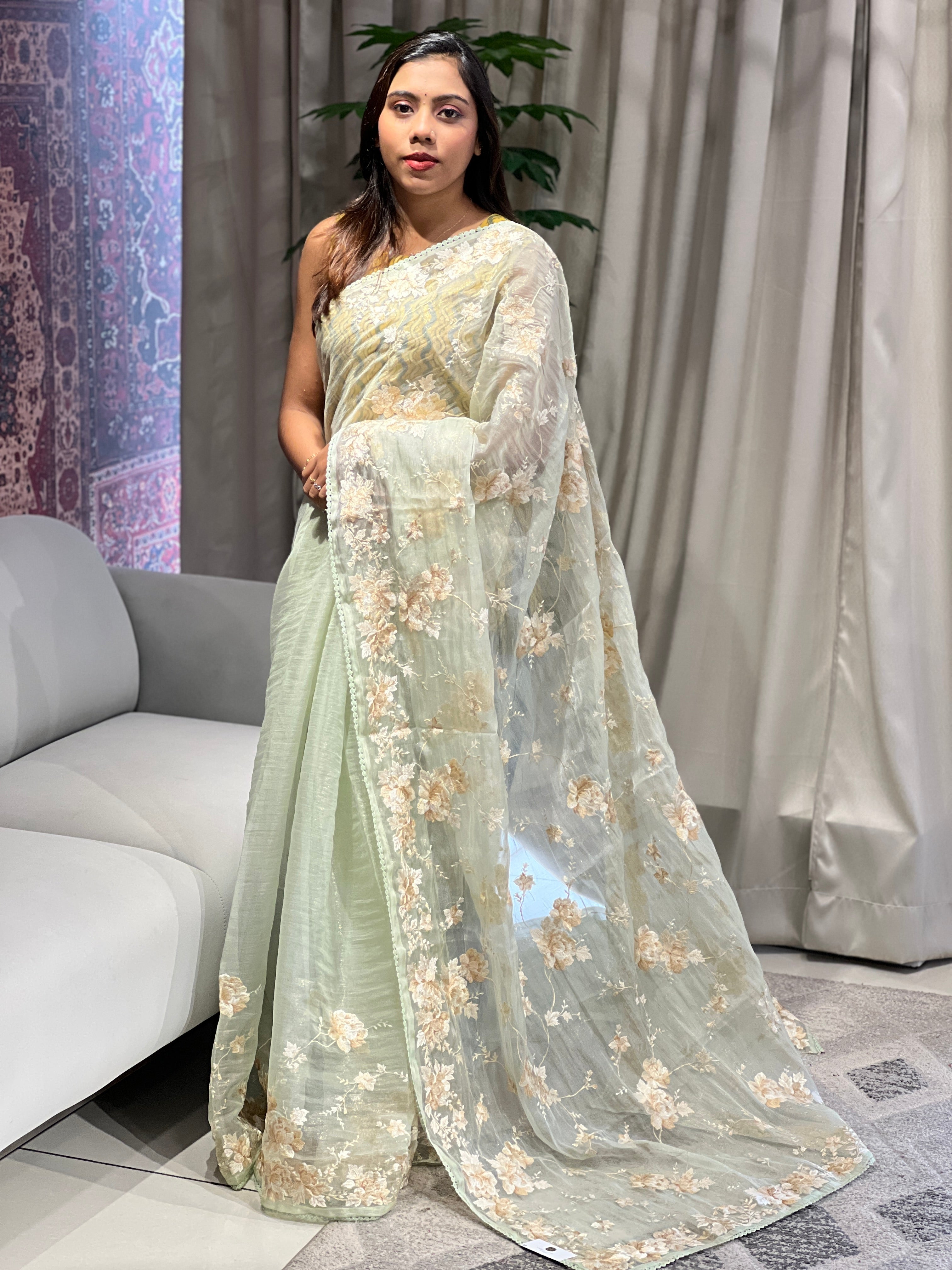 Floral Embroidery Detailed Shimmer Organza Saree | BLD1913