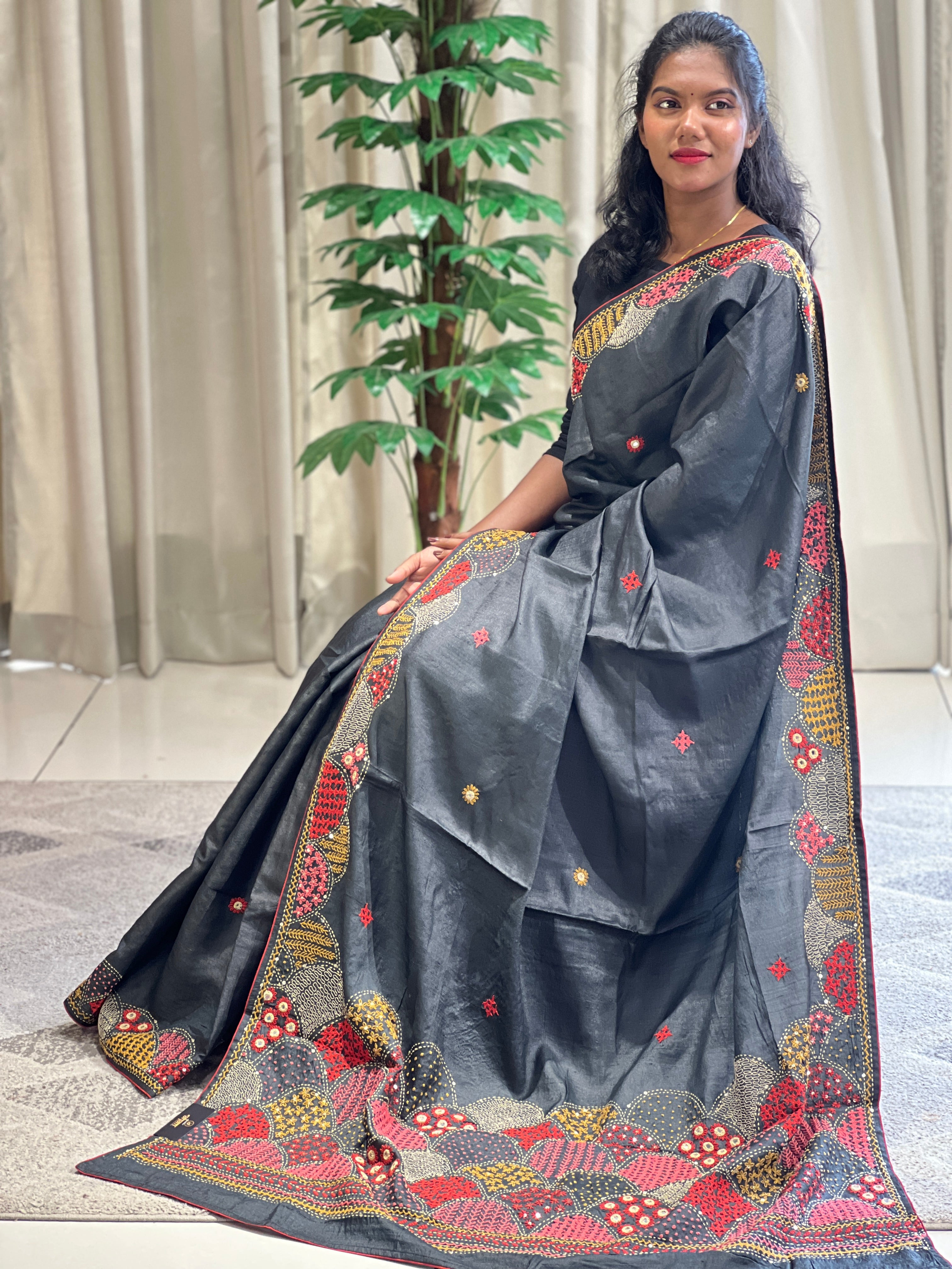 Hand Embroidery & Kutch Work Detailed Pure Tussar Saree | RGD733