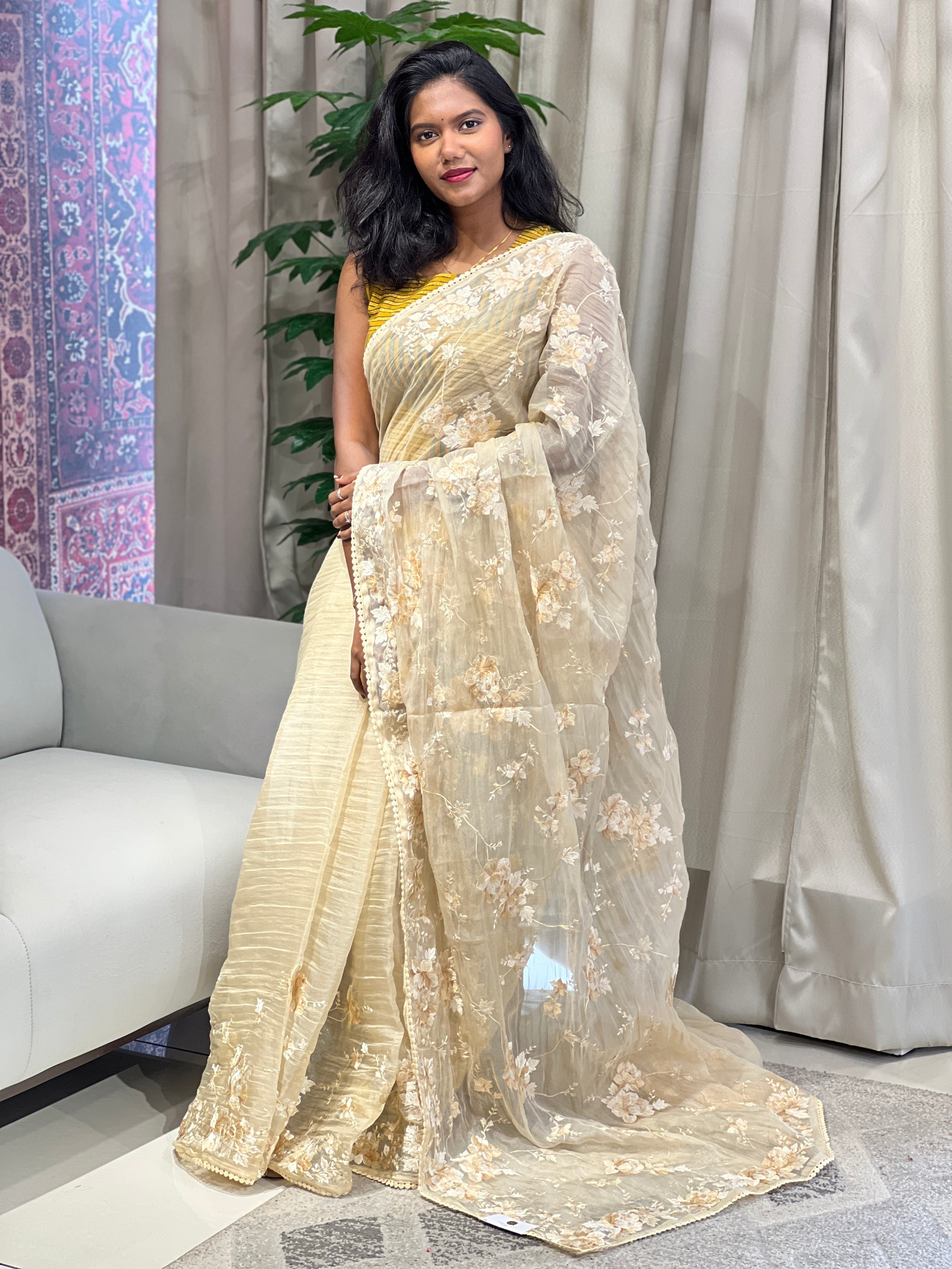 Floral Embroidery Detailed Shimmer Organza Saree | BLD1909