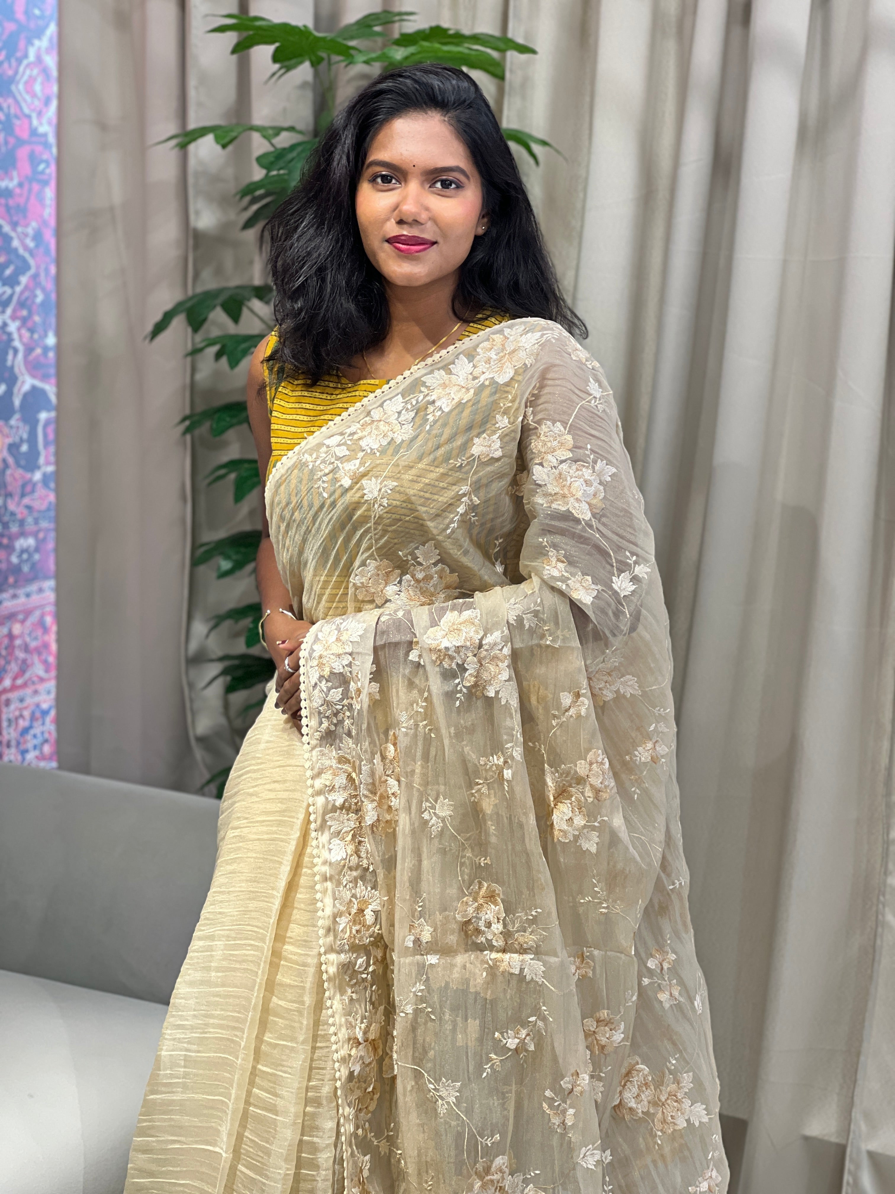 Floral Embroidery Detailed Shimmer Organza Saree | BLD1909