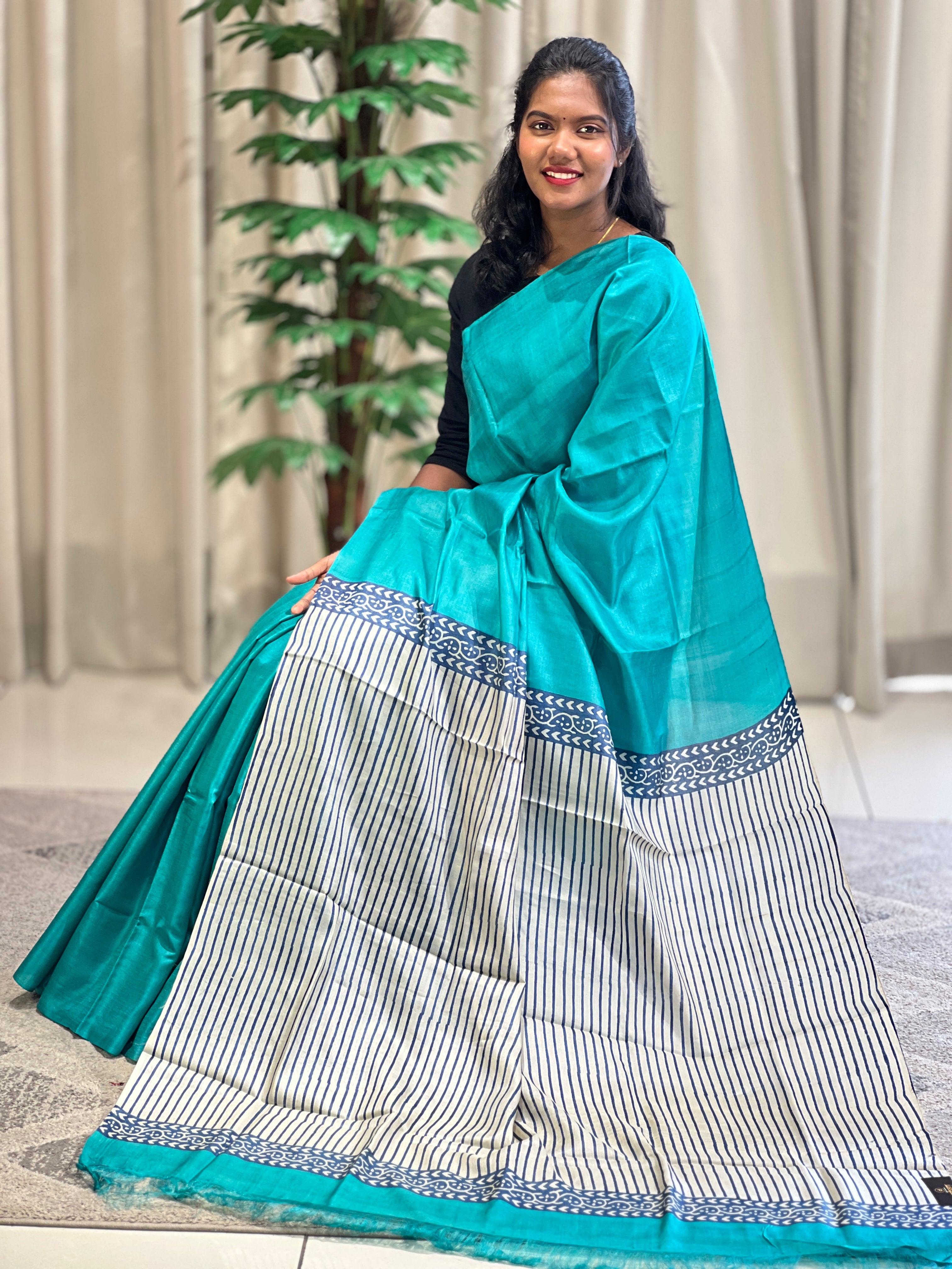 Stripe Pattern Print Detailed Tussar Saree | MNH503