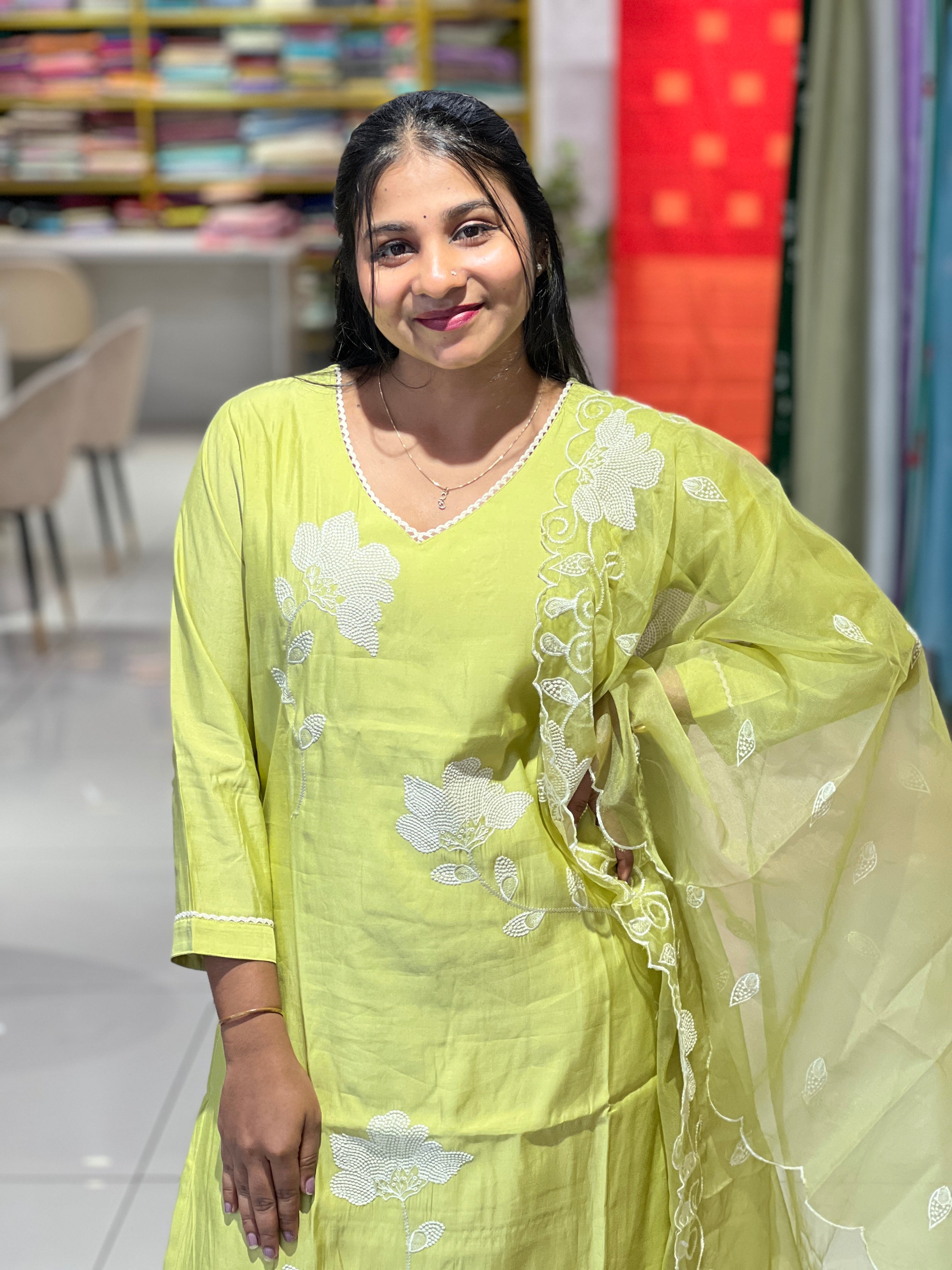 Floral Point Embroidery Muslin Kurta Set | FW353