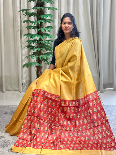 Ajrak Inspired Floral Print Detailed Tussar Saree | MNH502