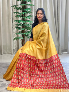 Ajrak Inspired Floral Print Detailed Tussar Saree | MNH502