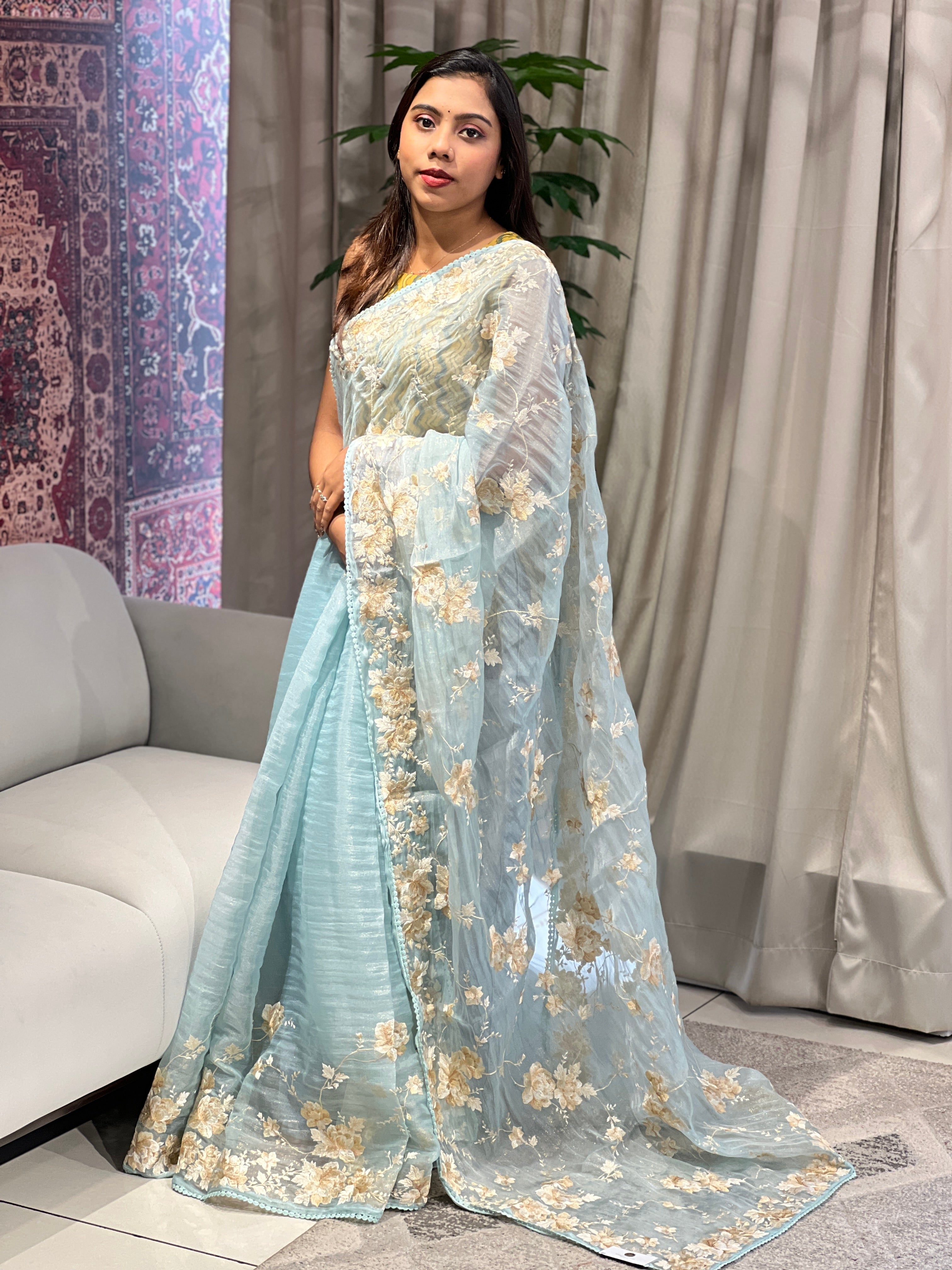 Floral Embroidery Detailed Shimmer Organza Saree | BLD1912