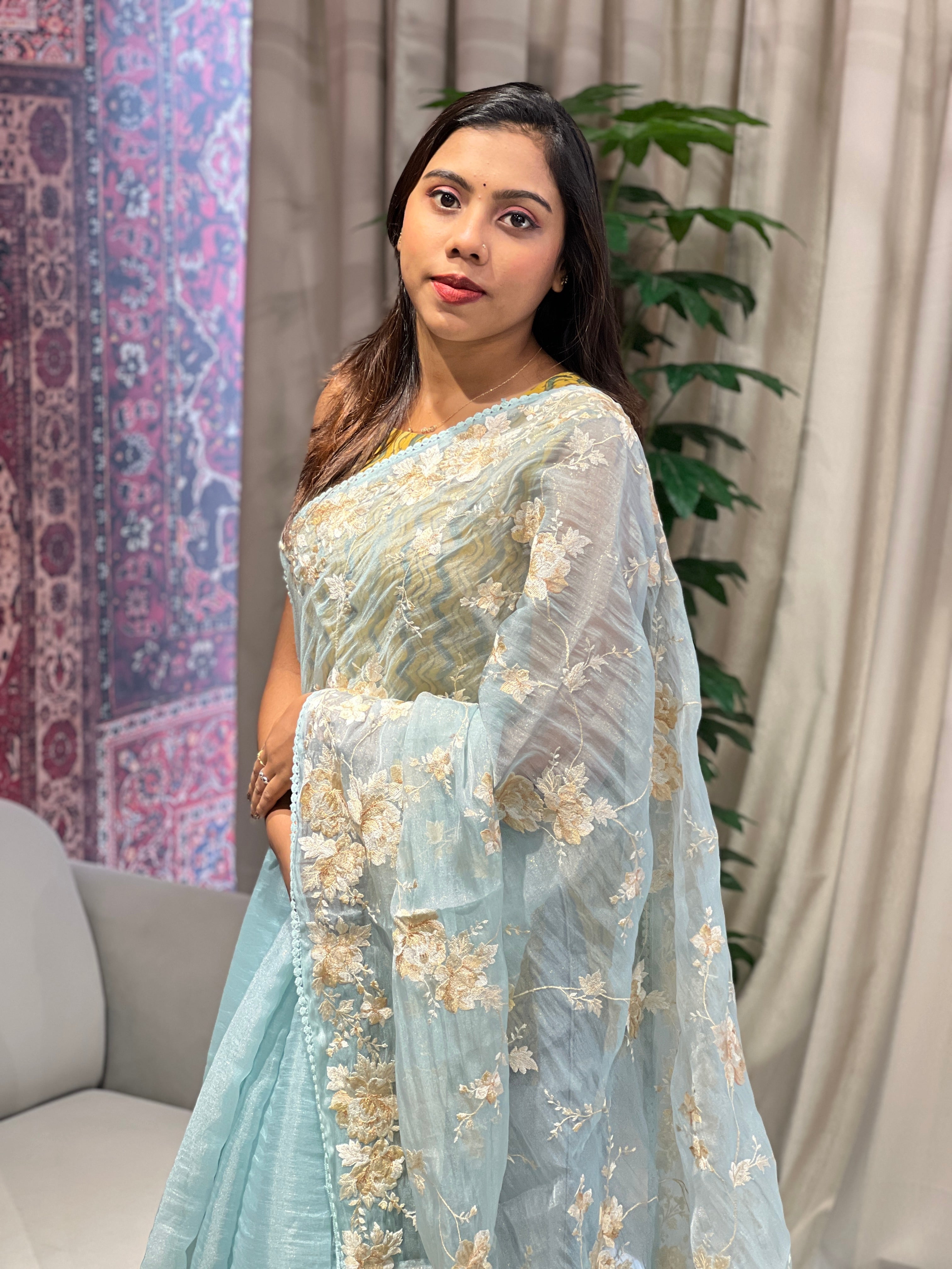 Floral Embroidery Detailed Shimmer Organza Saree | BLD1912