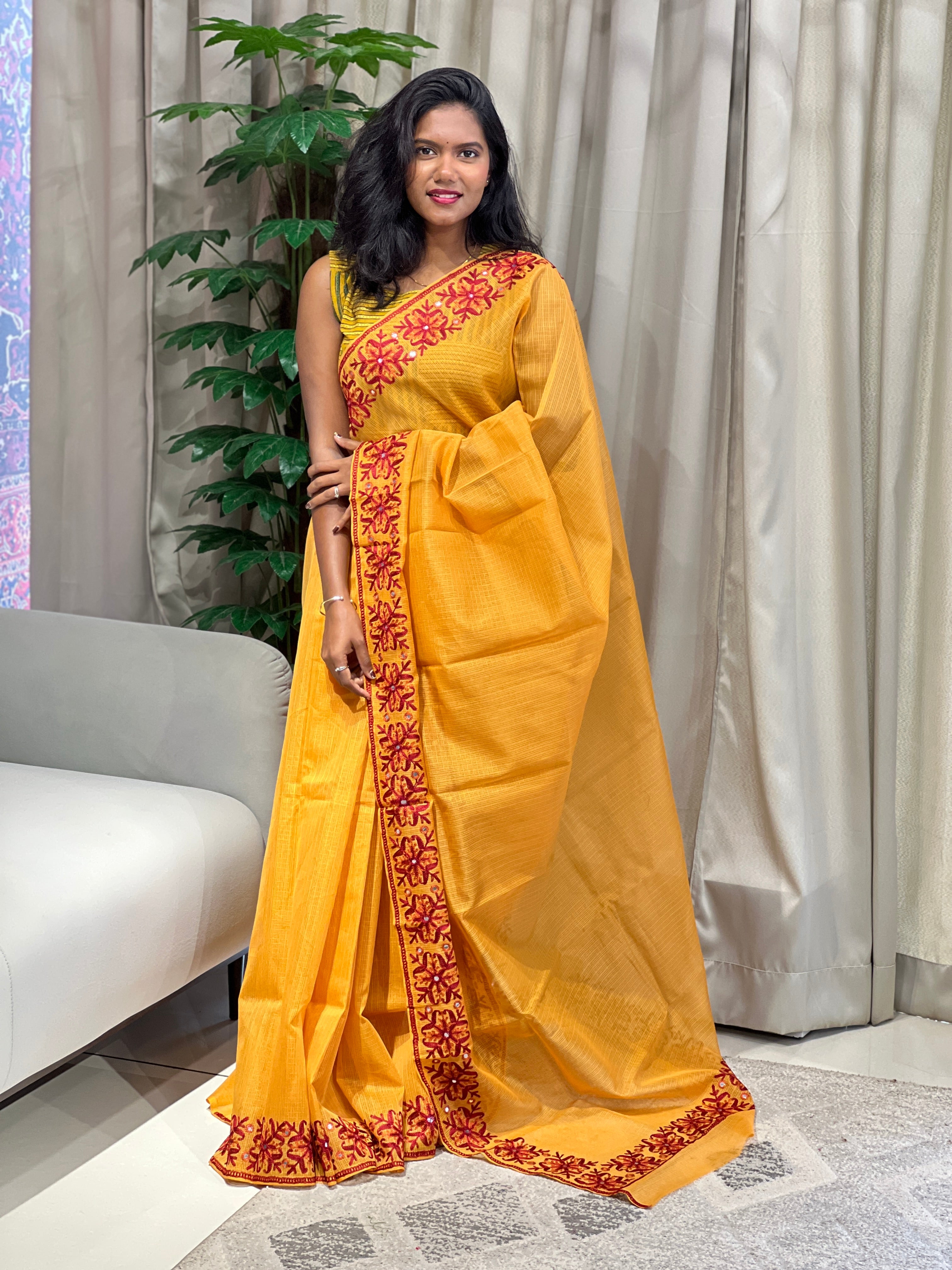 Embroidery Detailed Muga Check Organza Saree | JSC430