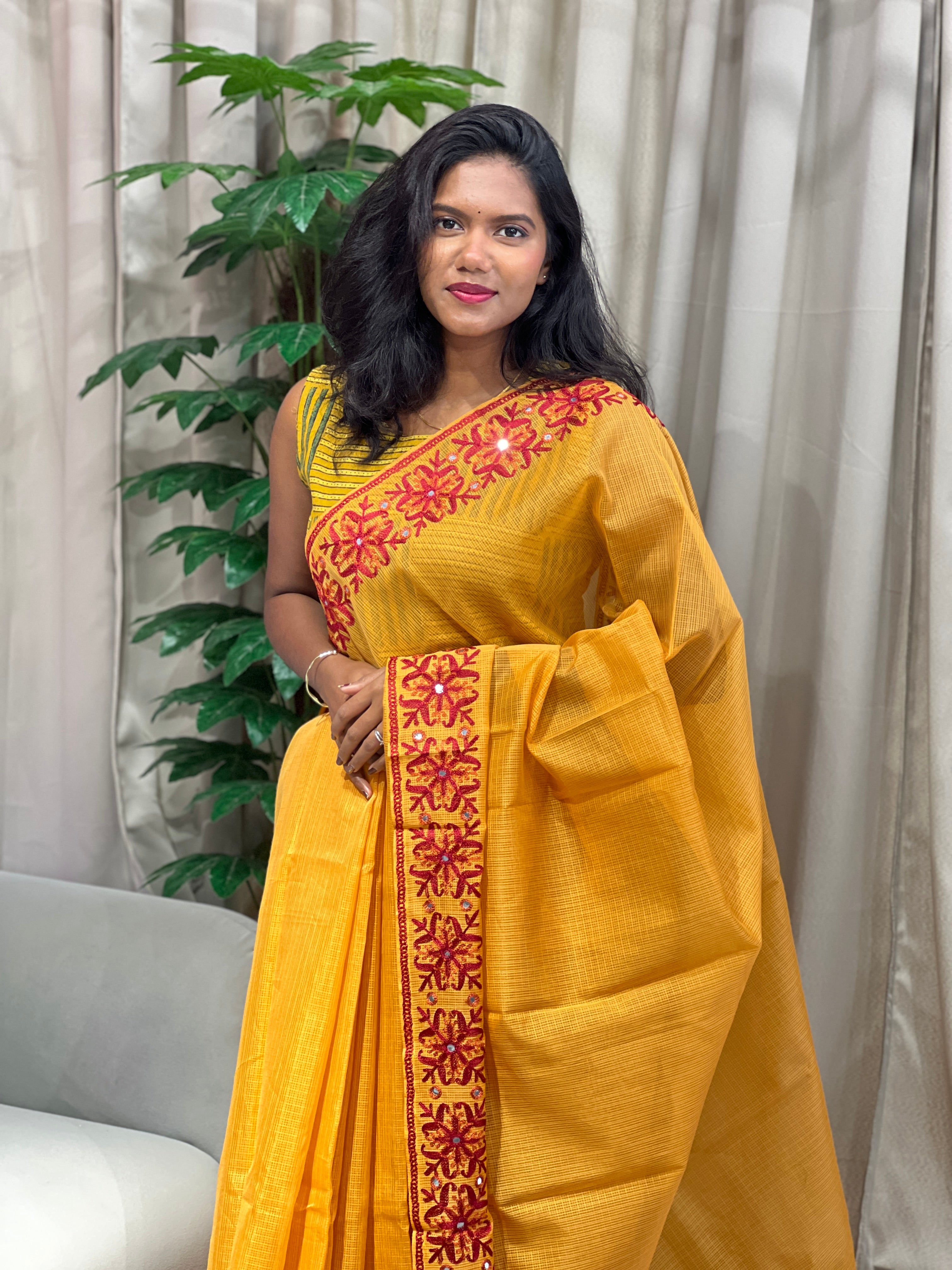 Embroidery Detailed Muga Check Organza Saree | JSC430