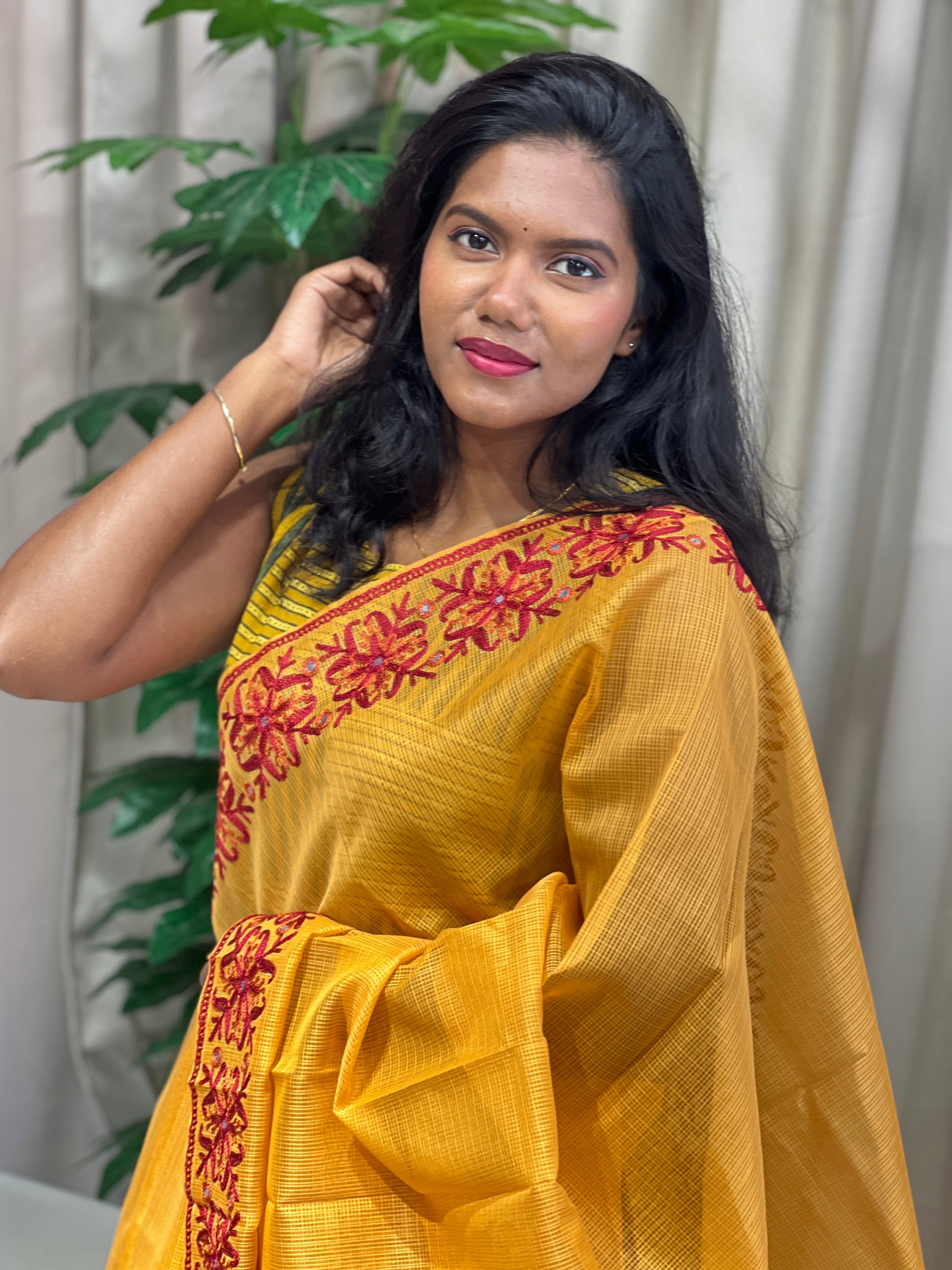 Embroidery Detailed Muga Check Organza Saree | JSC430