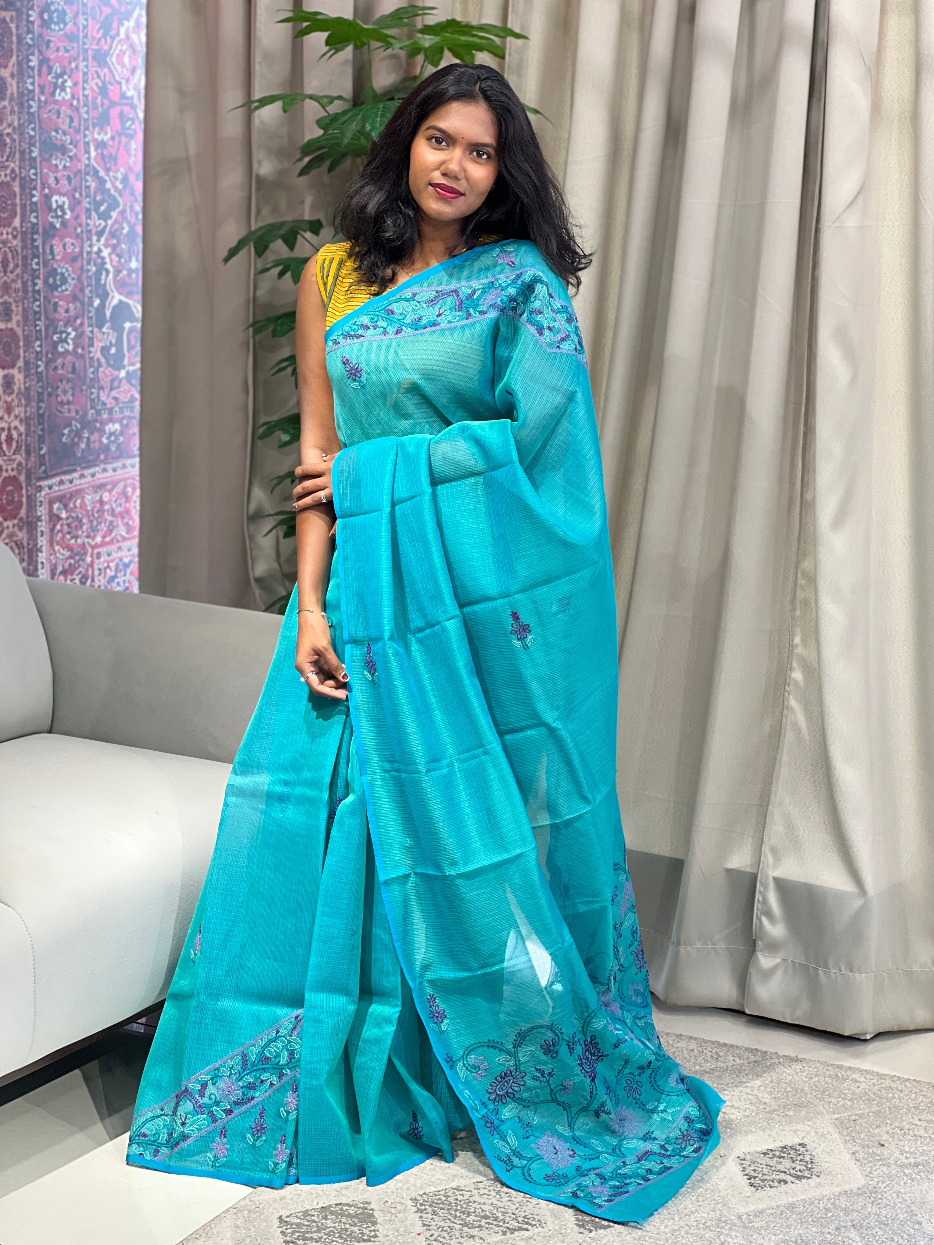 Floral Embroidery Detailed Muga Check Organza Saree | JSC448