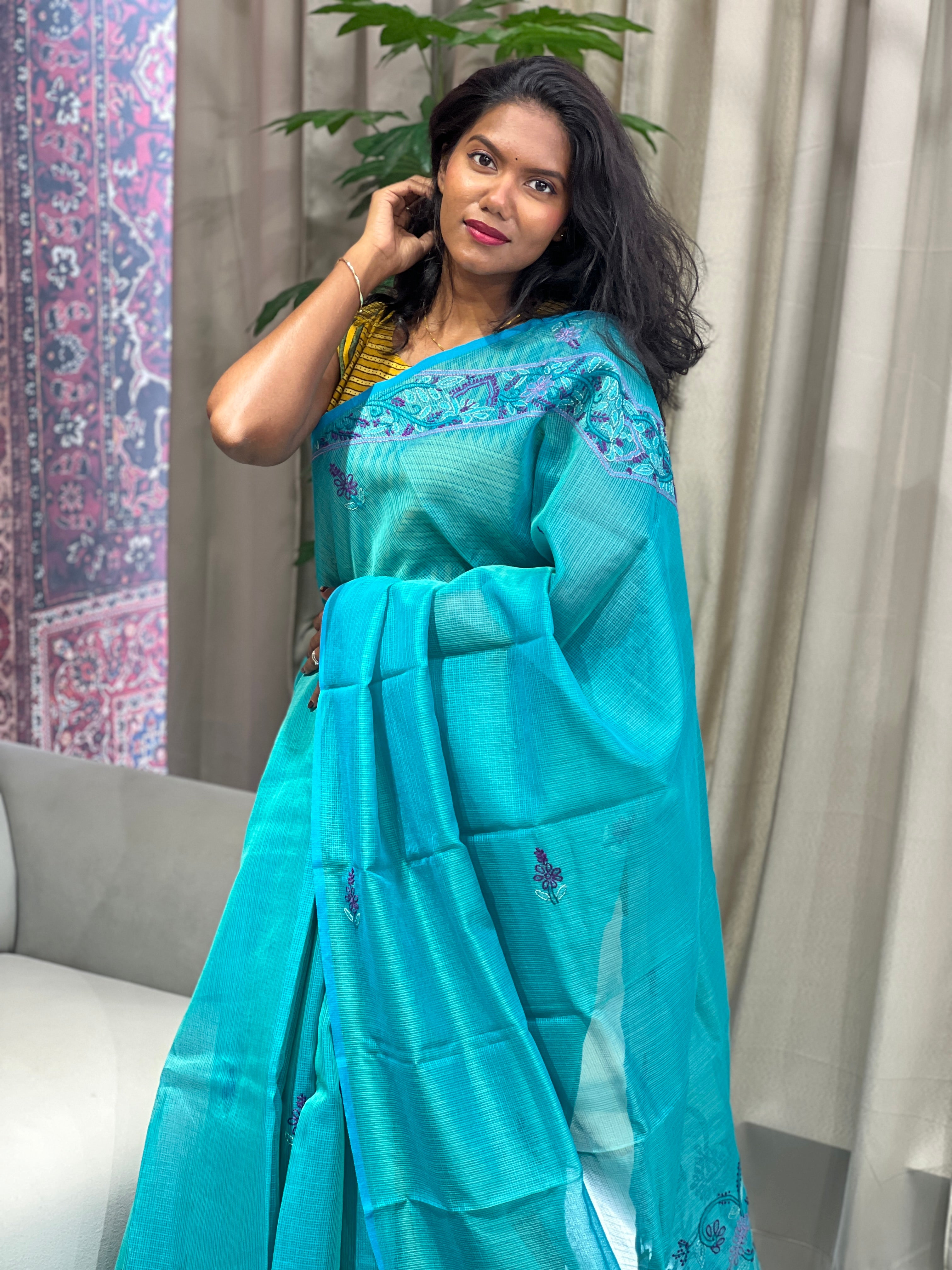 Floral Embroidery Detailed Muga Check Organza Saree | JSC448