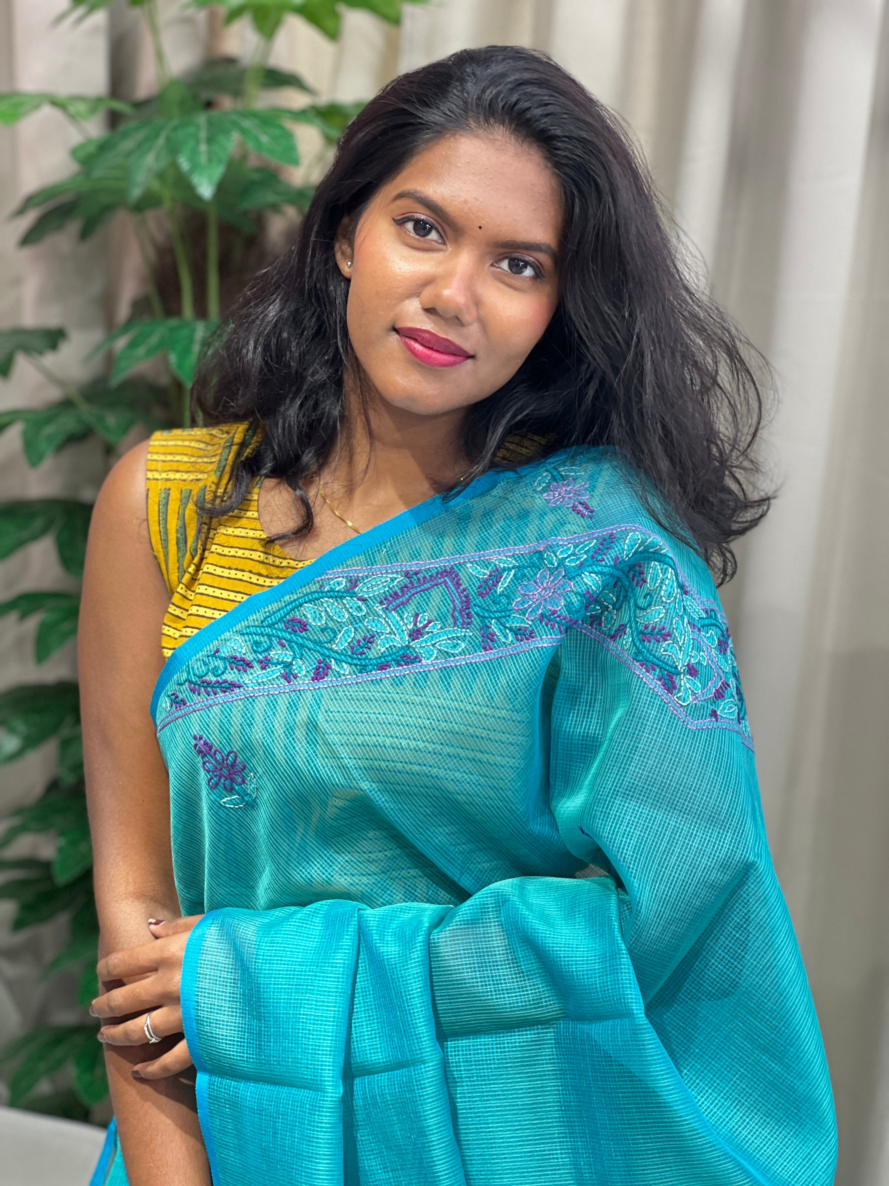 Floral Embroidery Detailed Muga Check Organza Saree | JSC448