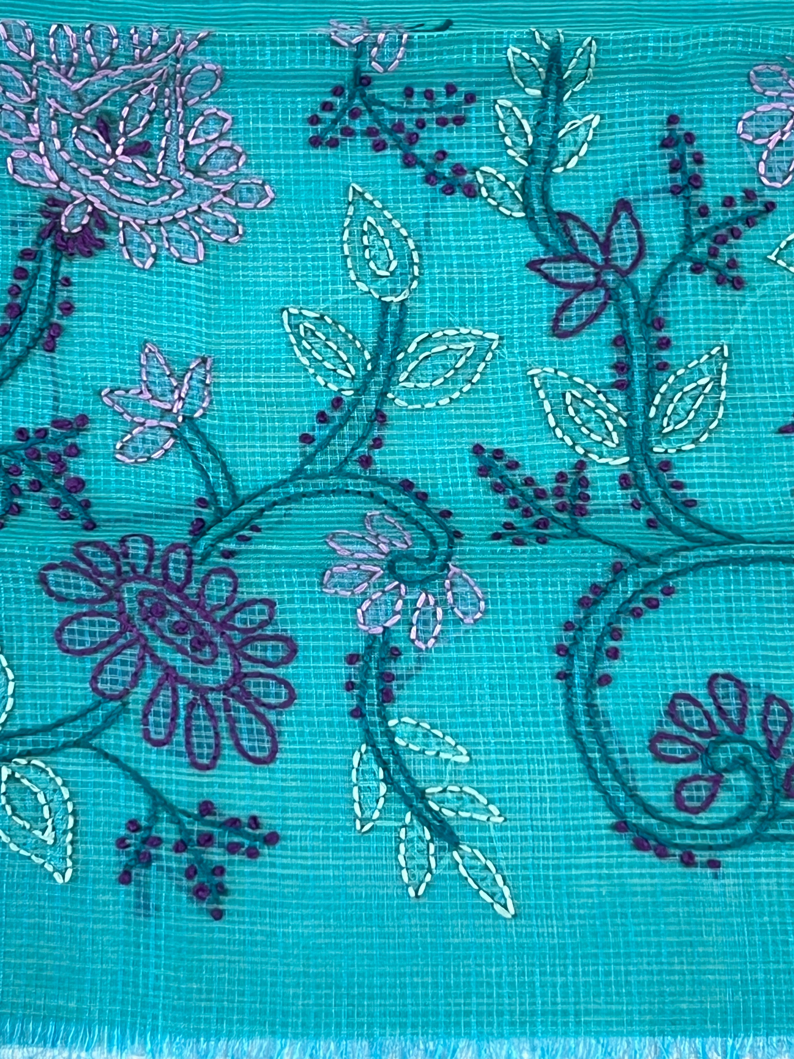 Floral Embroidery Detailed Muga Check Organza Saree | JSC448