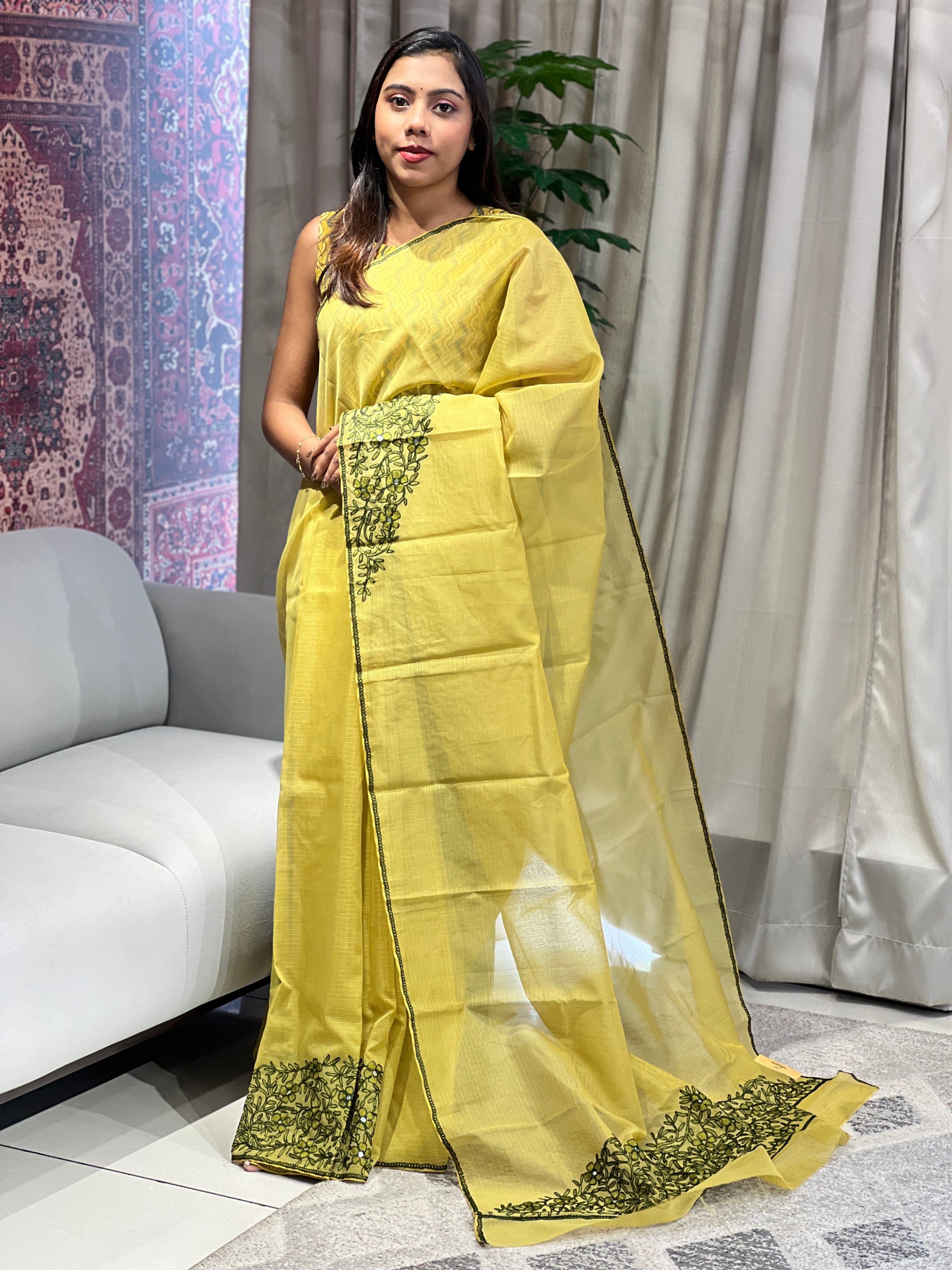 Embroidery Detailed Muga Check Organza Saree | JSC439