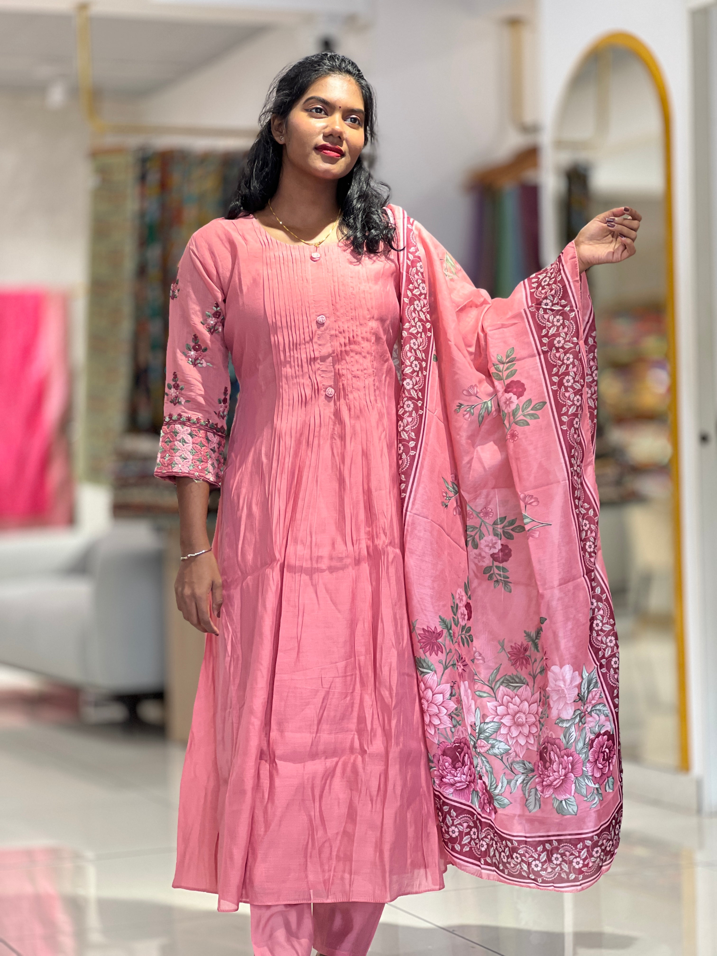 Pintuck & Hand Embroidered Chanderi  Kurta Set | FW346