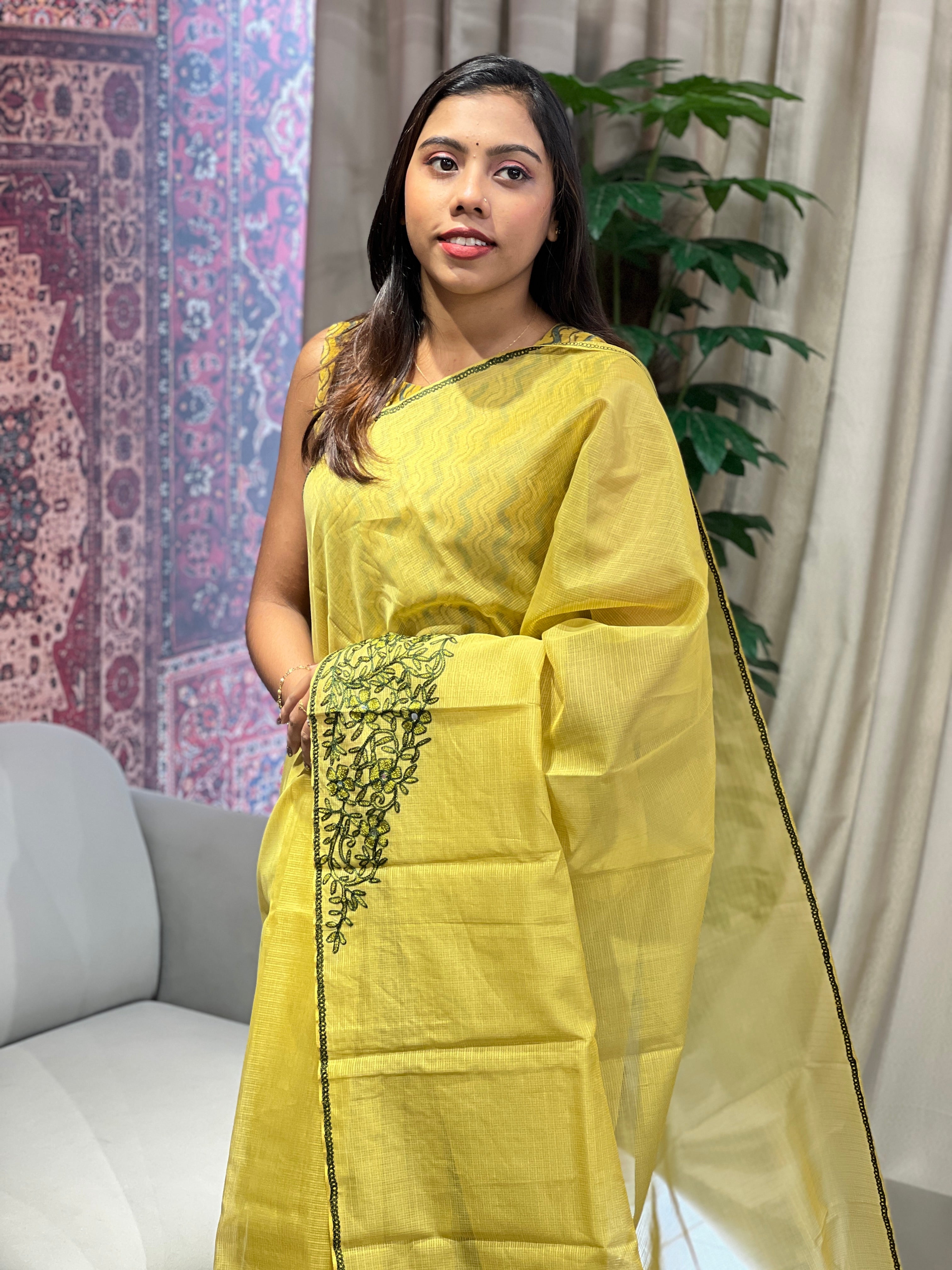 Embroidery Detailed Muga Check Organza Saree | JSC439