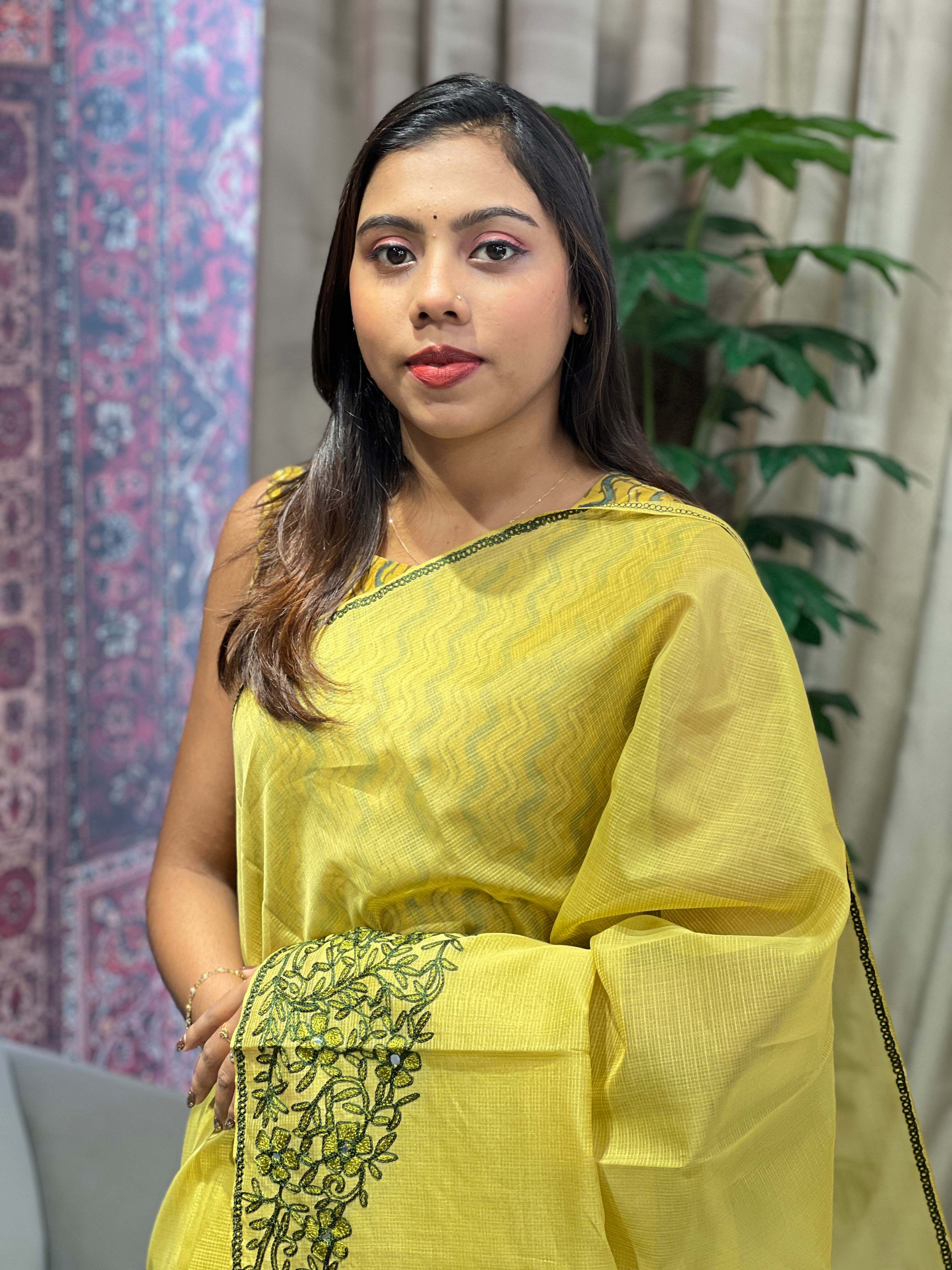 Embroidery Detailed Muga Check Organza Saree | JSC439