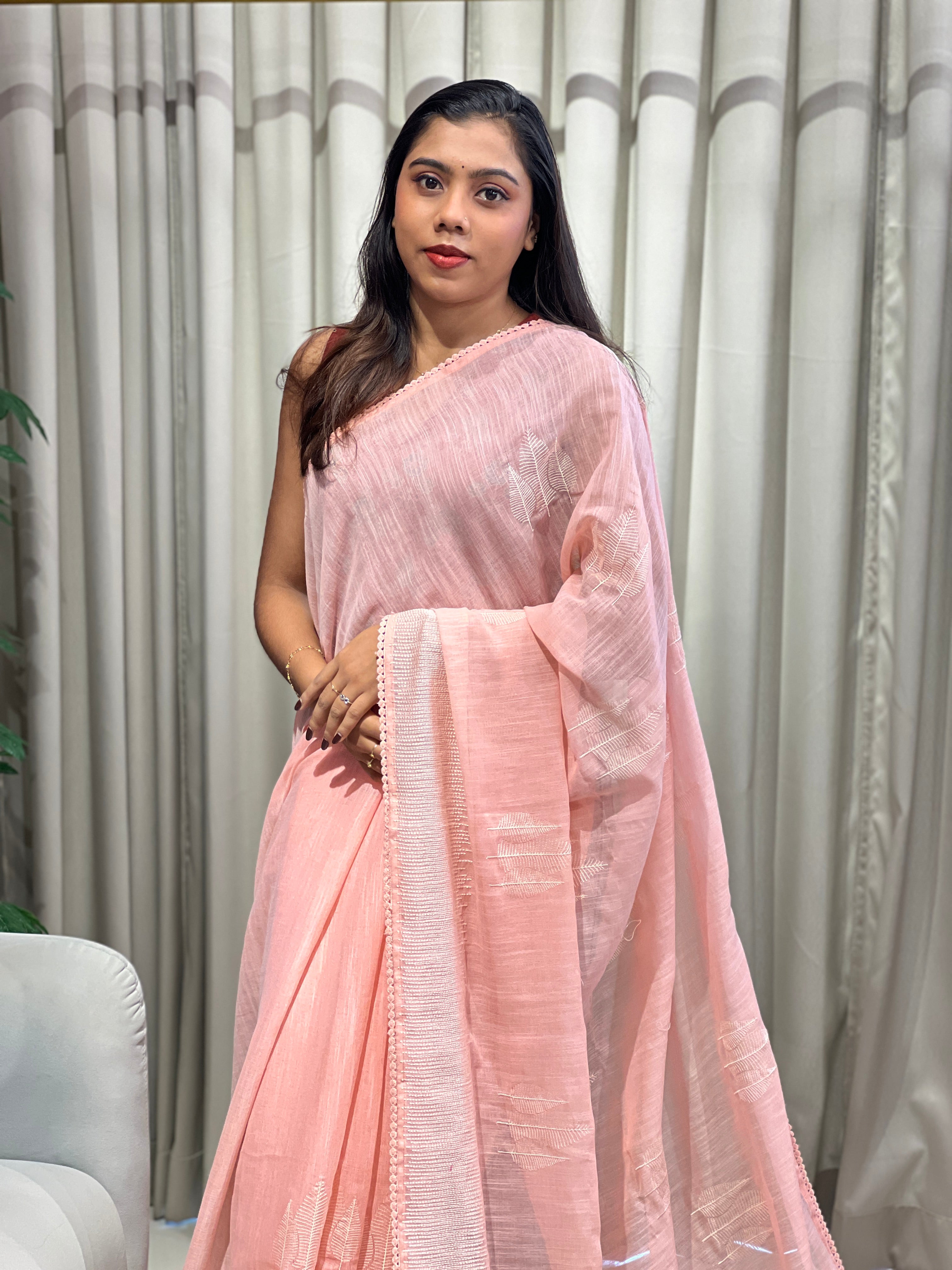 Embroidery Detailed Linen Cotton Saree | BLD2014