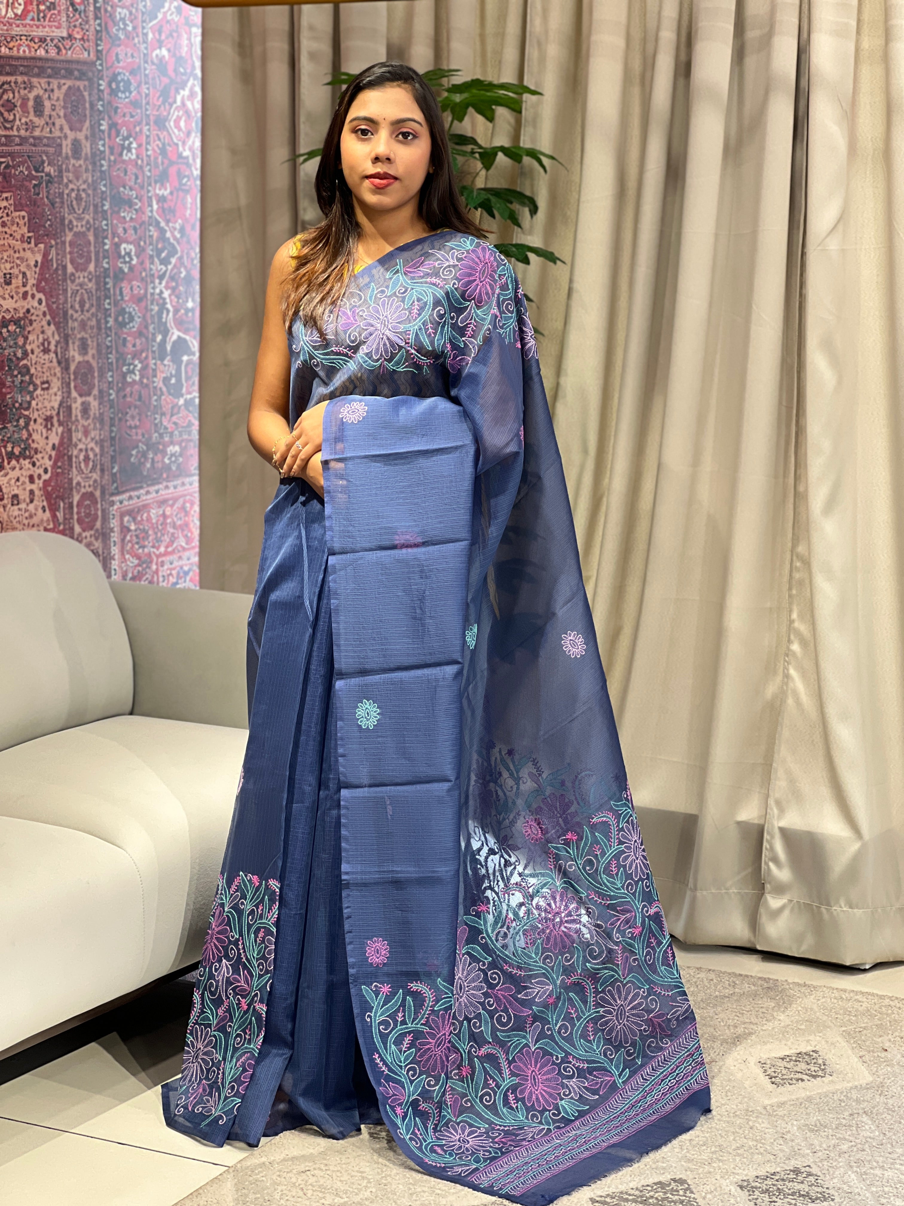 Floral Embroidery Detailed Muga Check Organza Saree | JSC449