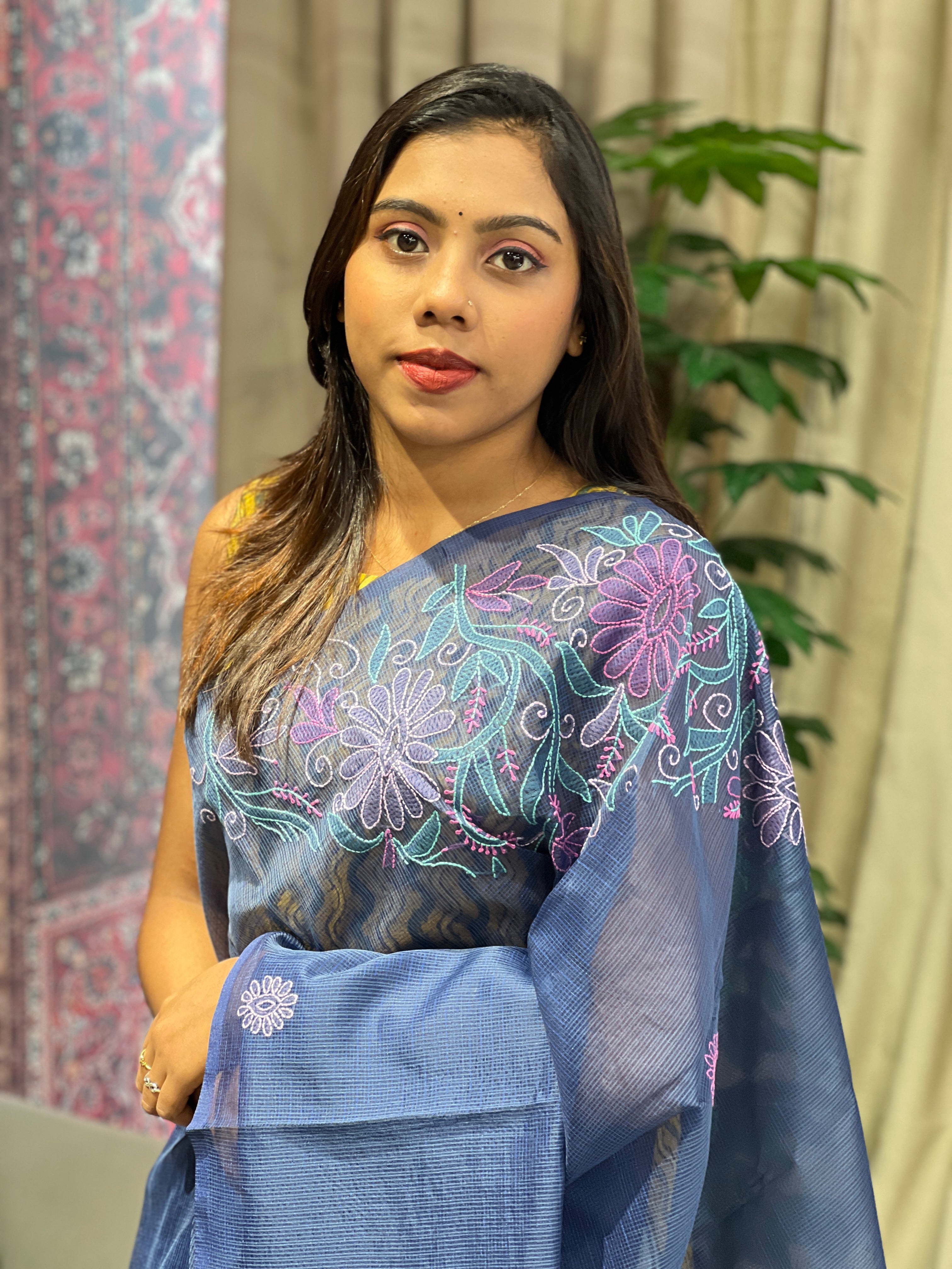 Floral Embroidery Detailed Muga Check Organza Saree | JSC449