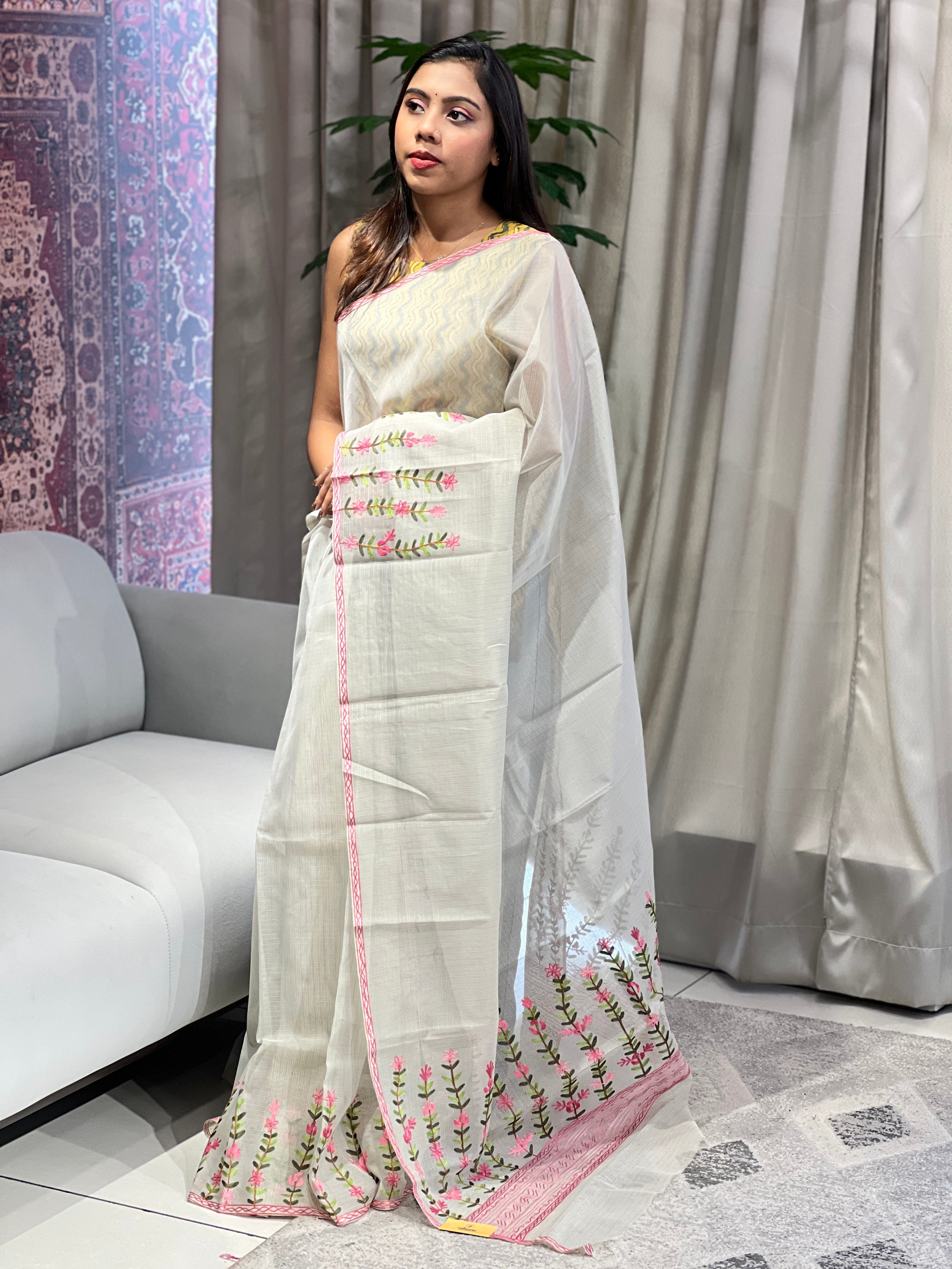 Embroidery Detailed Muga Check Organza Saree | JSC429