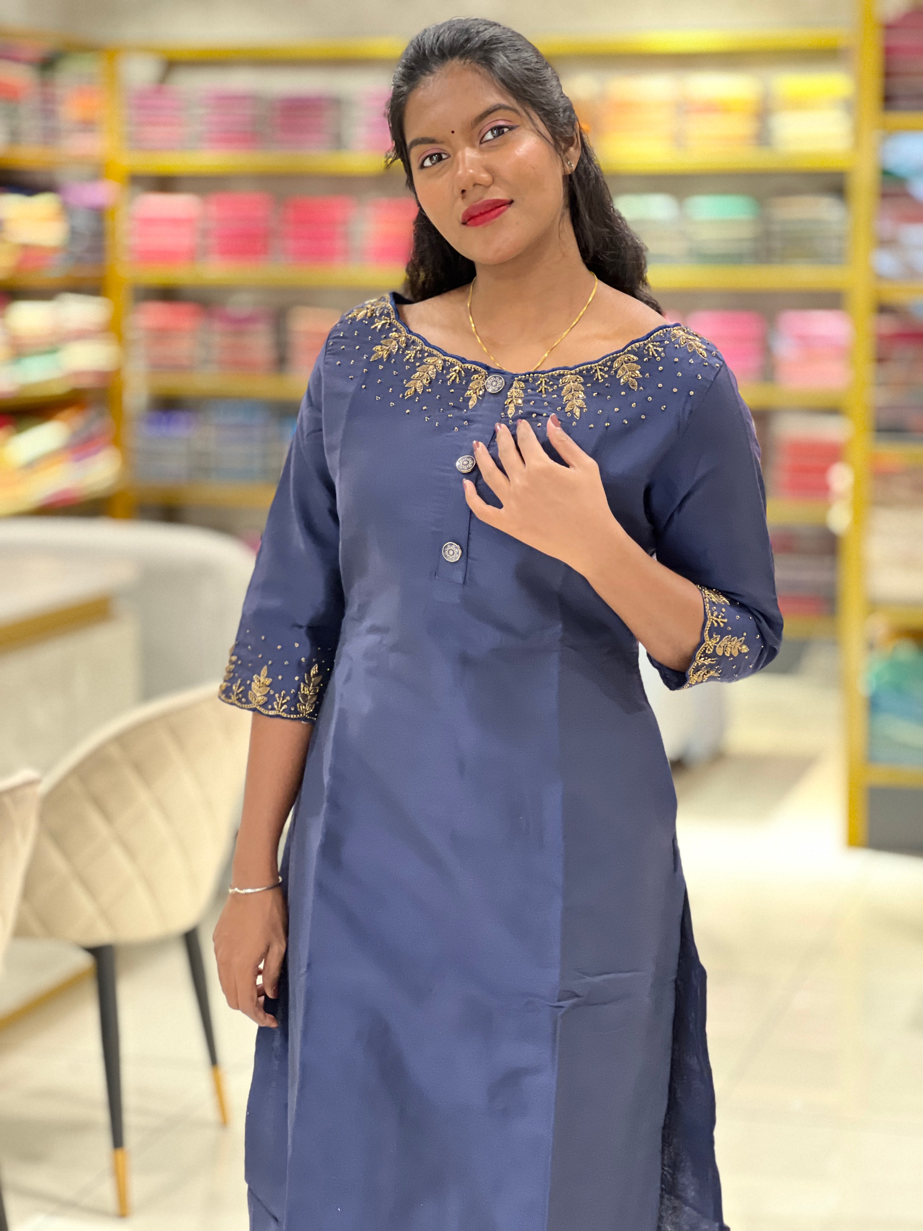 Hand Embroidered Semi Silk Kurta | DNT540