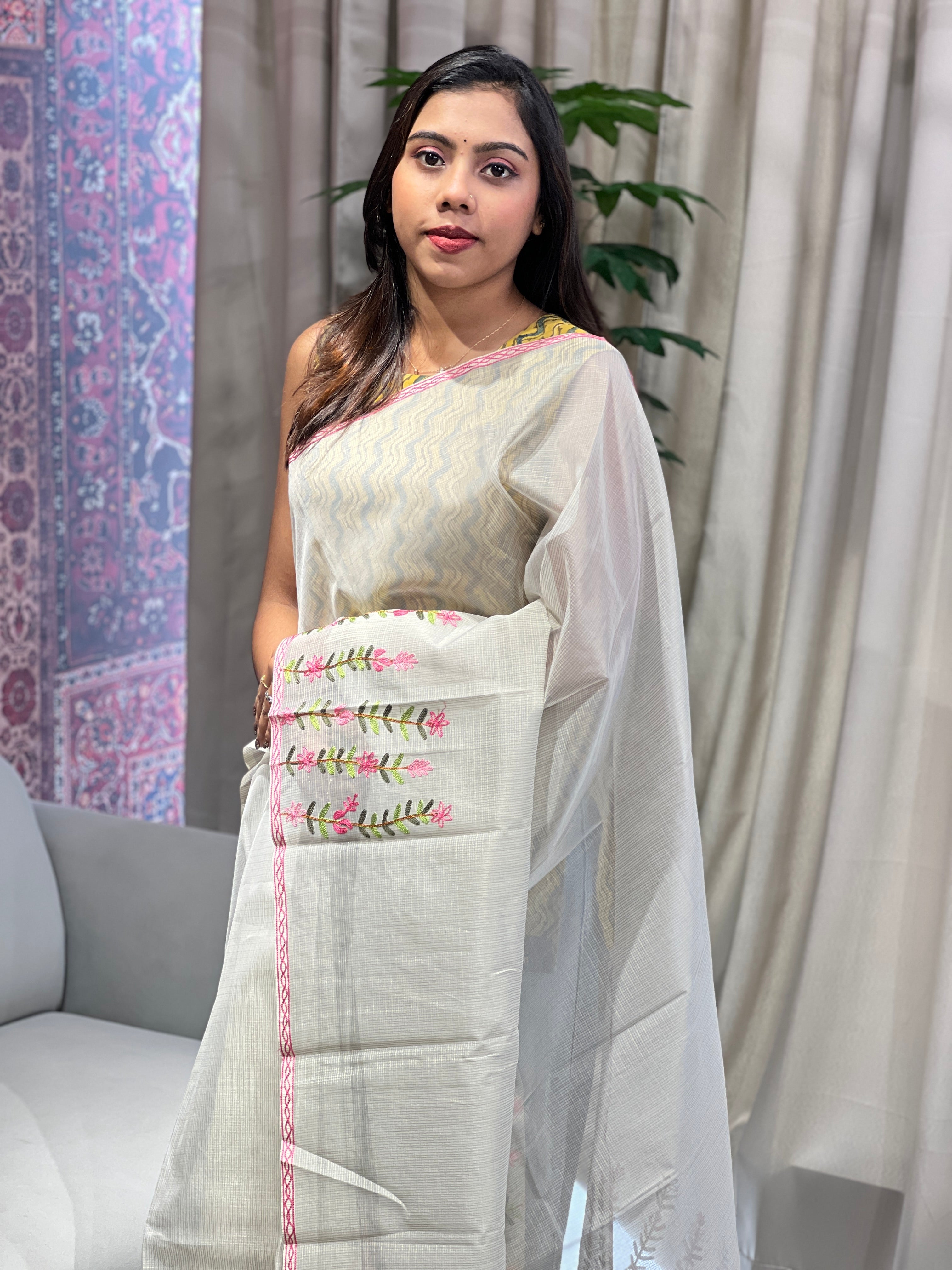 Embroidery Detailed Muga Check Organza Saree | JSC429